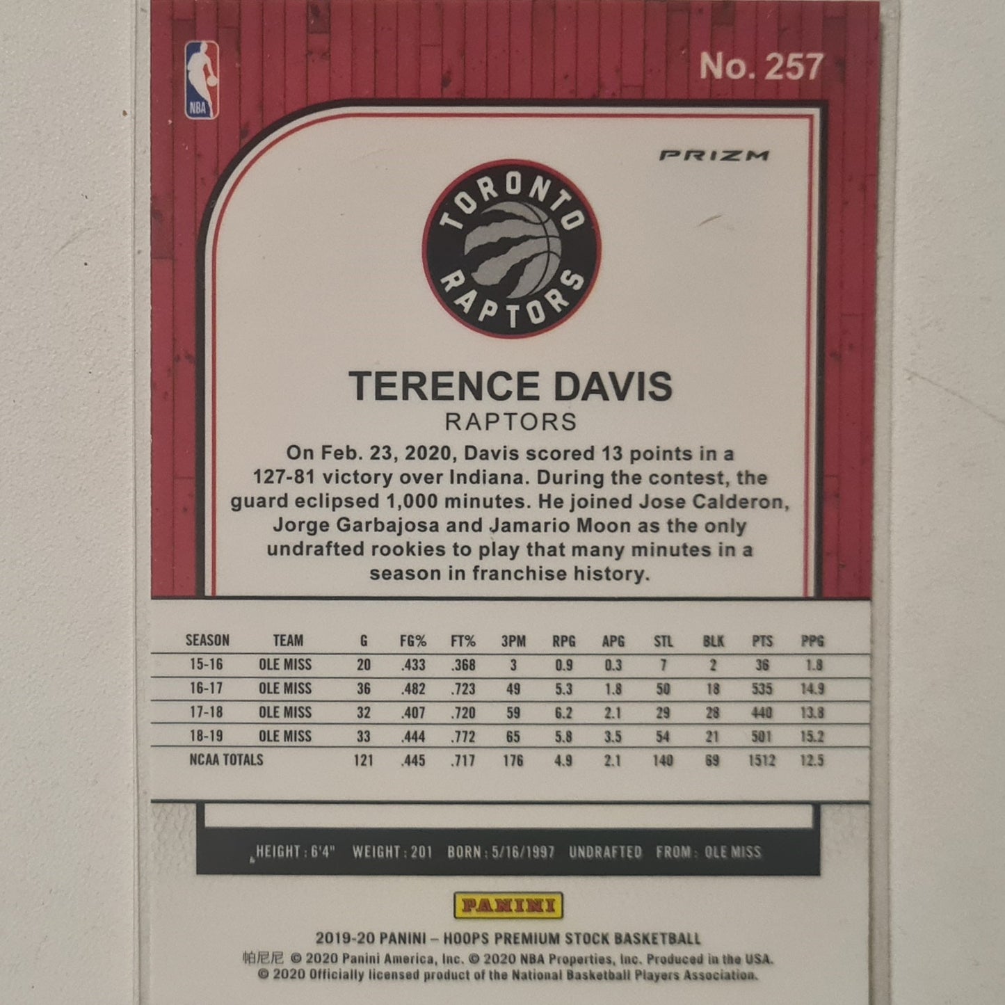 Terence Davis 2019-20 Panini NBA Hoops premium stock laser Rookie RC #257 NBA Basketball Toronto Raptors Mint Sleeved