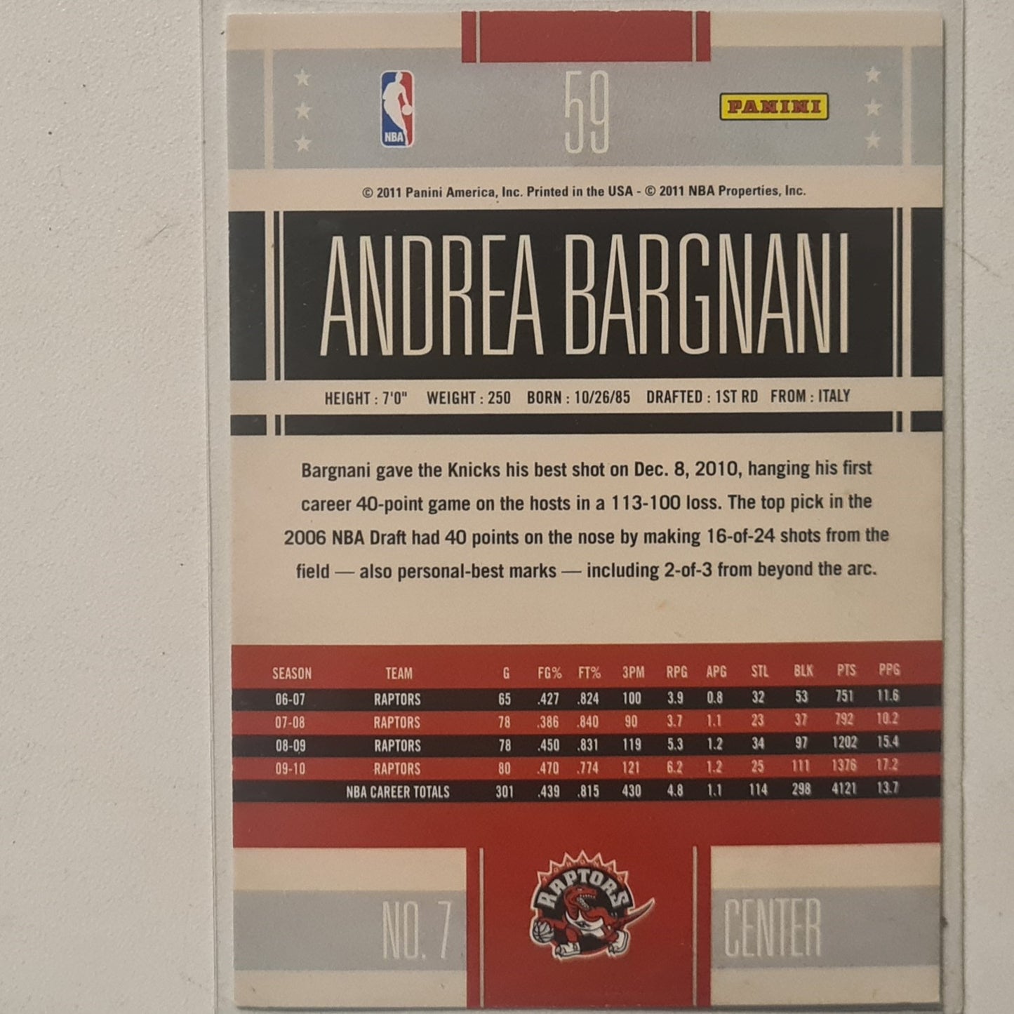 Andrea Bargnani 2010-11 Panini Classics #59 NBA Basketball Toronto Raptors good Sleeved