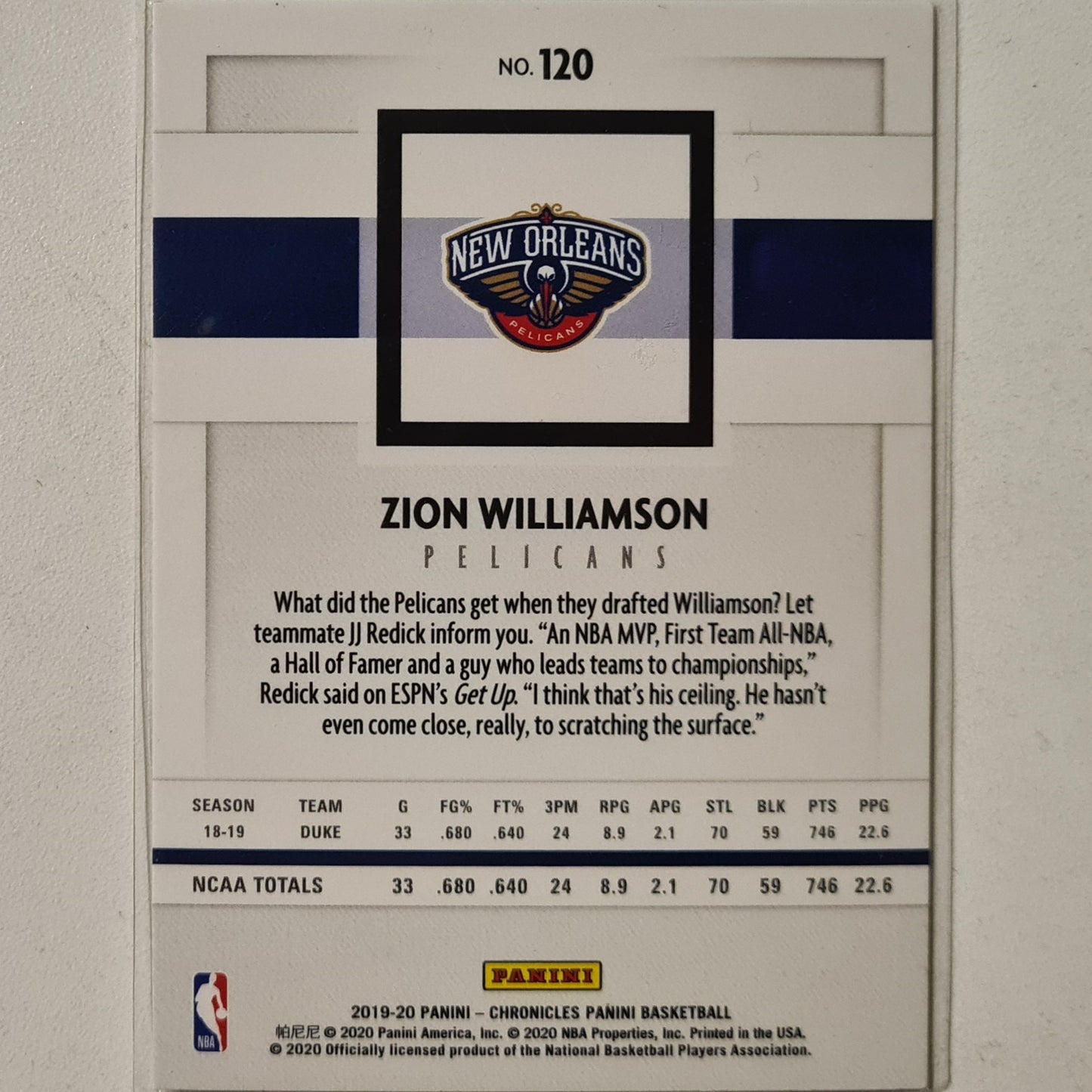 Zion Williamson 2019-20 Panini Chronicles Rookie RC #120 NBA Basketball New Orleans Pelicans Excellent Sleeved