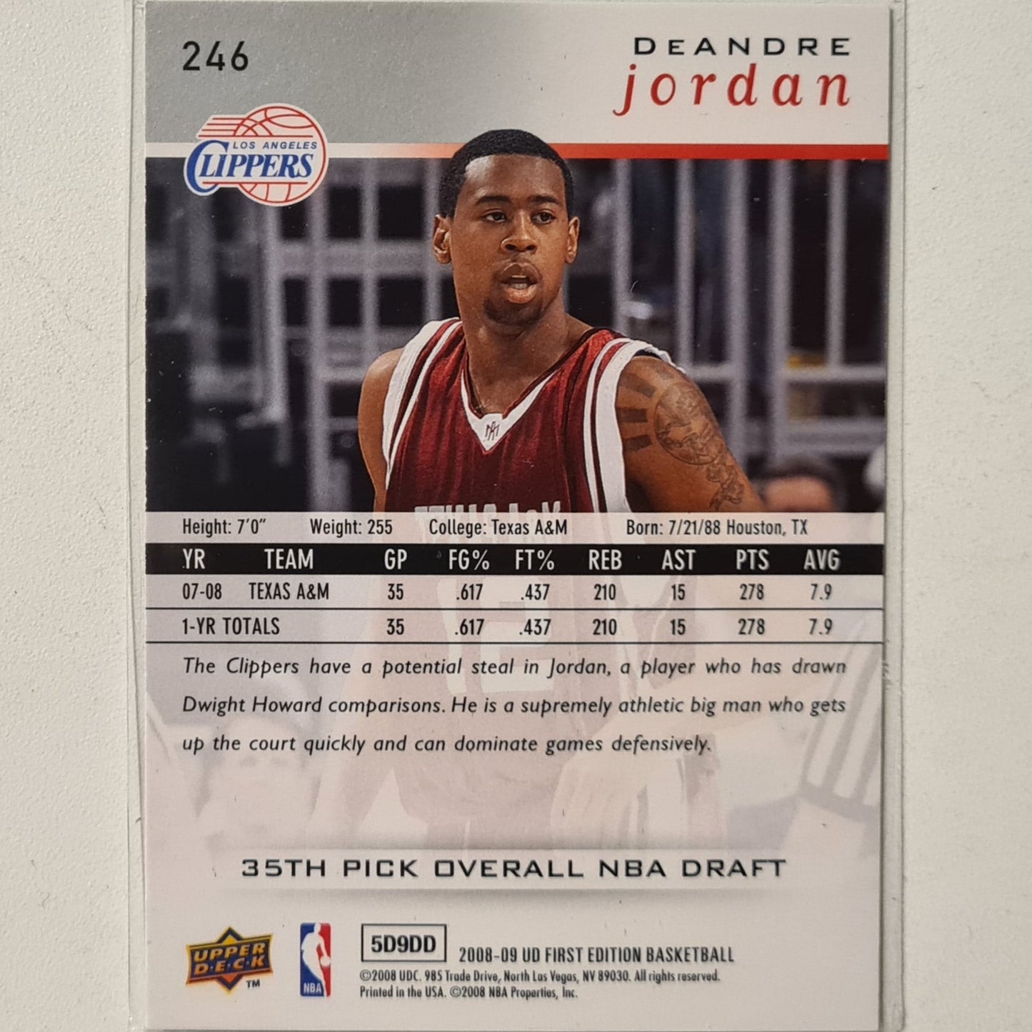 Deandre Jordan 2008-09 Upper-Deck first edition silver Rookie RC #246 NBA Basketball Los Angeles Clippers Excellent Sleeved