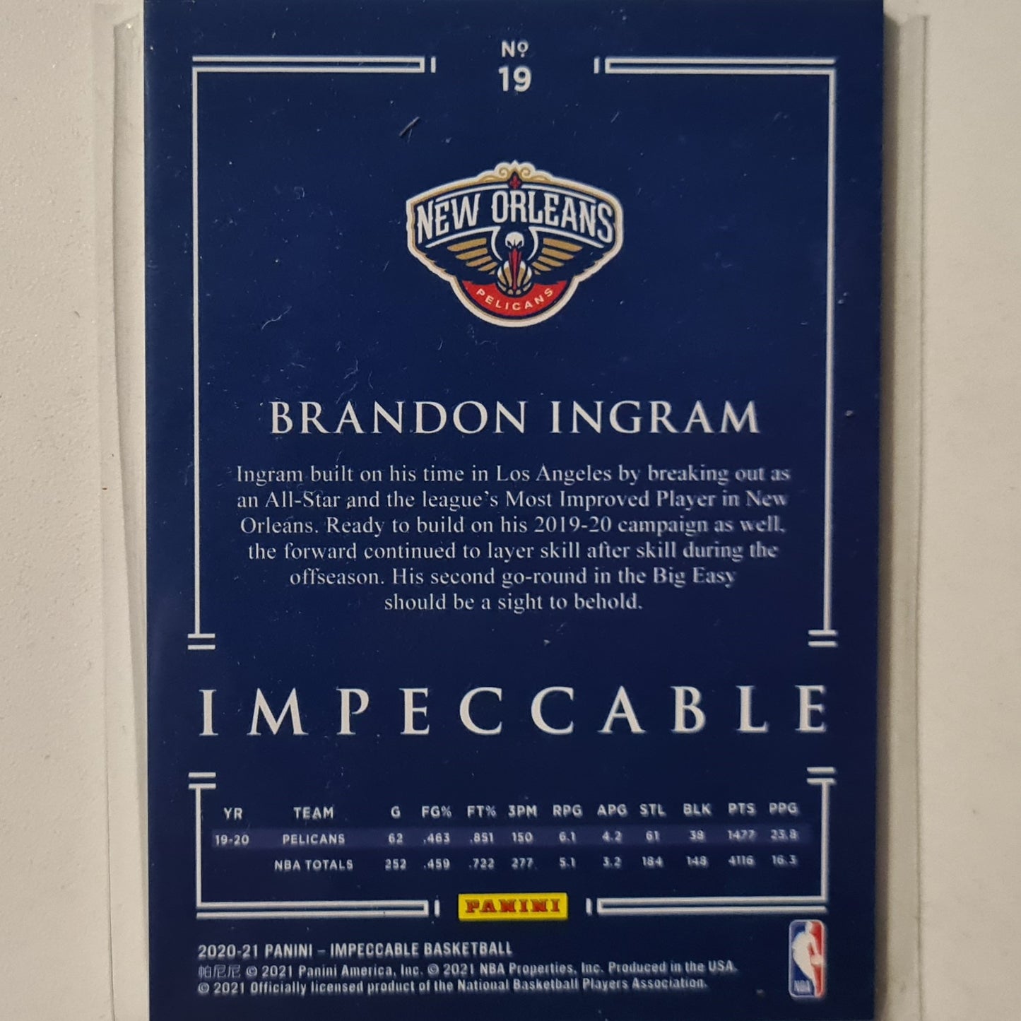 Brandon Ingram 2020-21 Panini Impeccable #19 NBA Basketball New Orleans Pelicans excellent sleeved