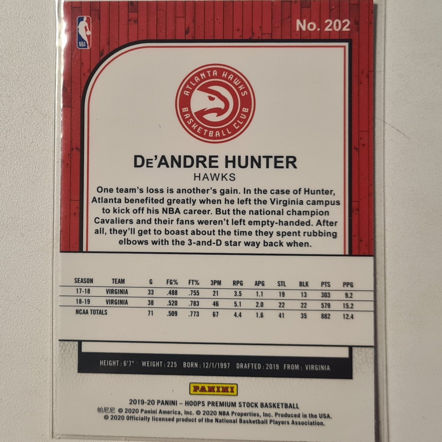 De'Andre Hunter 2019-20 Panini Hoops Premium Stock Rookie RC #202 NBA Basketball Atlanta Hawks excellent sleeved