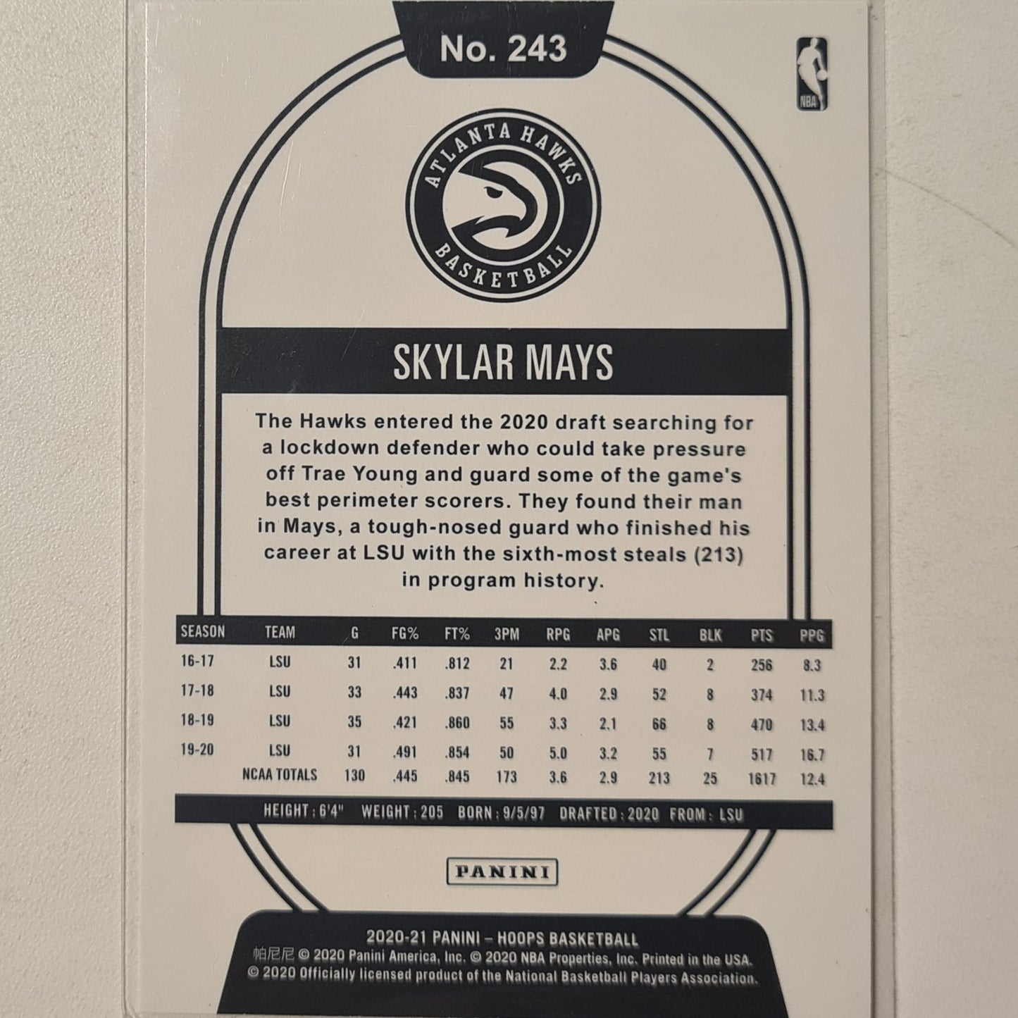 Skylar Mays 2020-21 Panini NBA Hoops Rookie RC #243 NBA Basketball Atlanta Hawks excellent sleeved