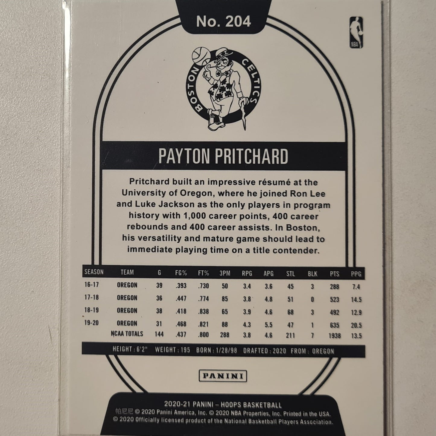 Payton Pritchard 2020-21 Panini NBA Hoops Rookie RC #204 NBA Basketball Boston Celtics excellent sleeved