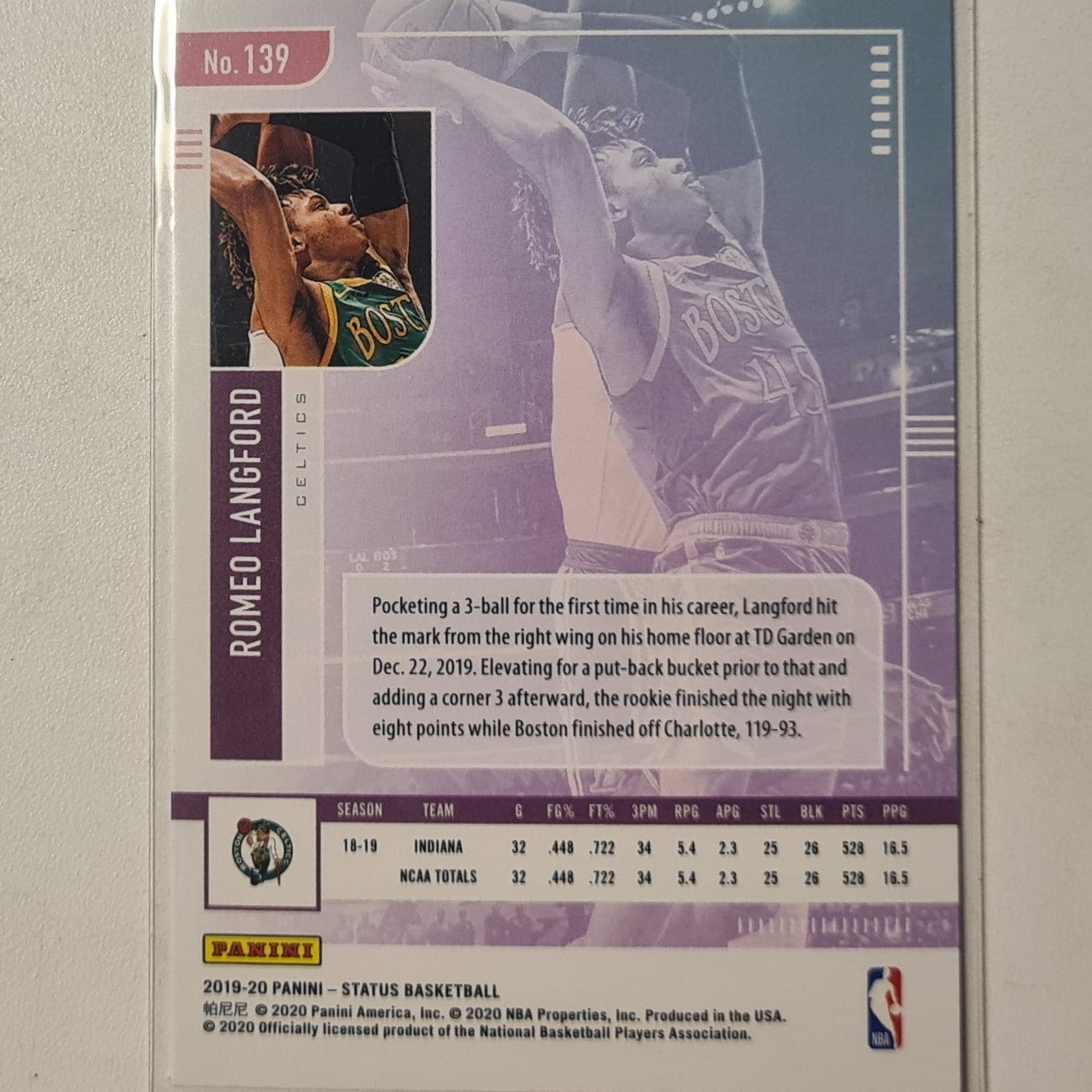 Romeo Langford 2019-20 Panini Status Rookie RC #139 NBA Basketball Boston Celtics excellent sleeved