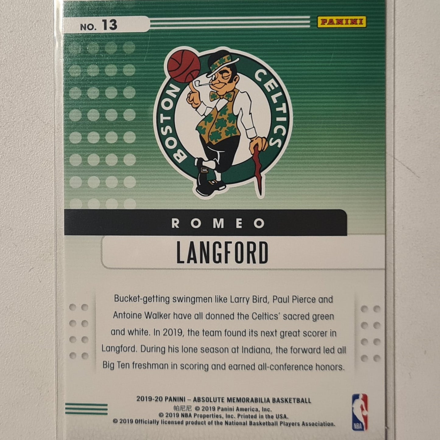 Romeo Langford 2019-20 Panini Absolute Memorabilia Rookie RC #13 NBA Basketball Boston Celtics excellent sleeved