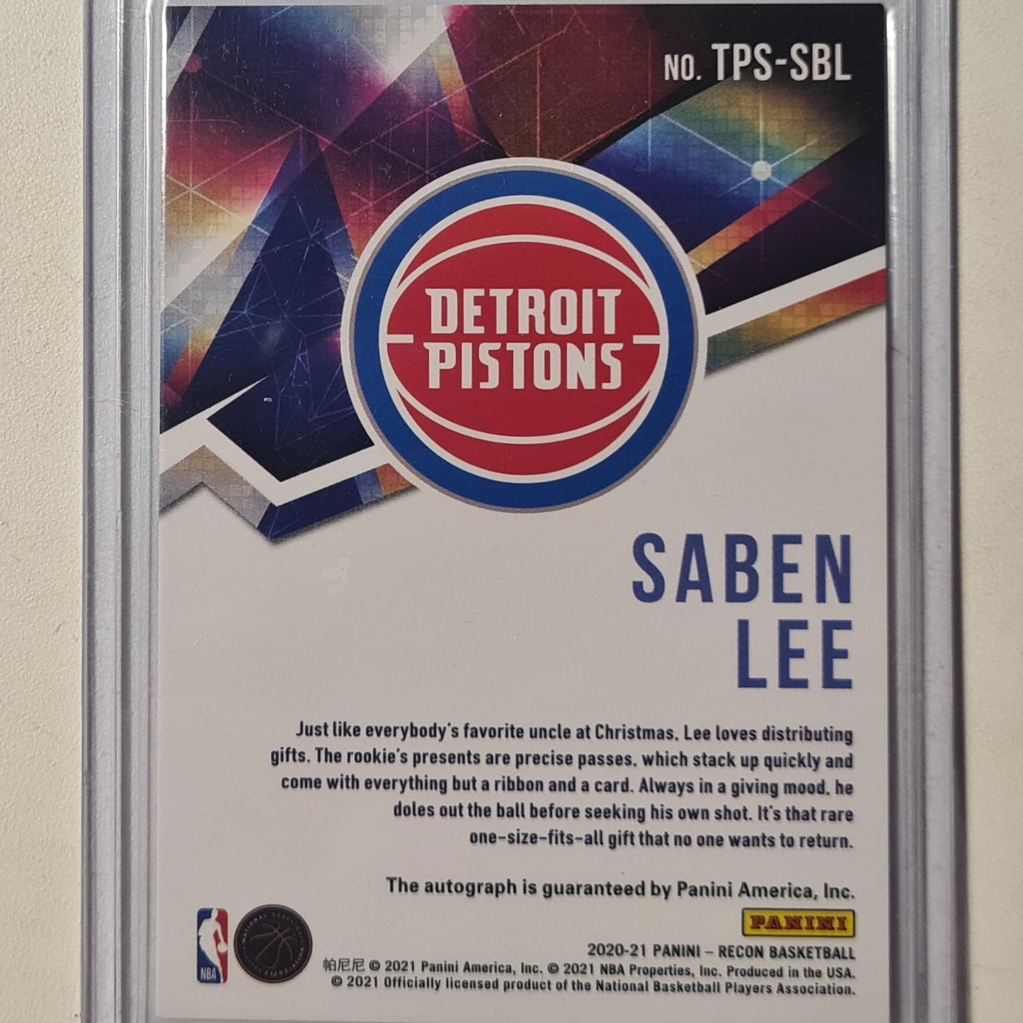 Saben Lee 2020-21 Panini Recon True potential signatures auto Rookie RC TPS-SBL NBA Basketball Detroit Pistons excellent sleeved