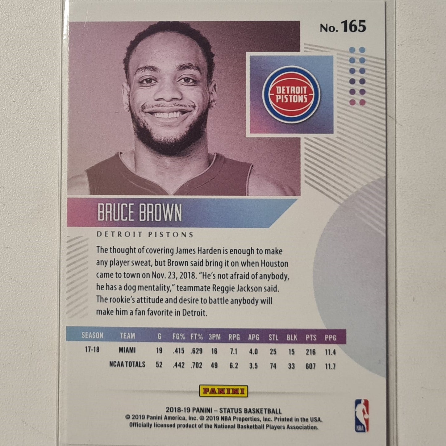 Bruce Brown 2018-19 Panini Status Rookie RC #165 NBA Basketball Detroit Pistons excellent sleeved