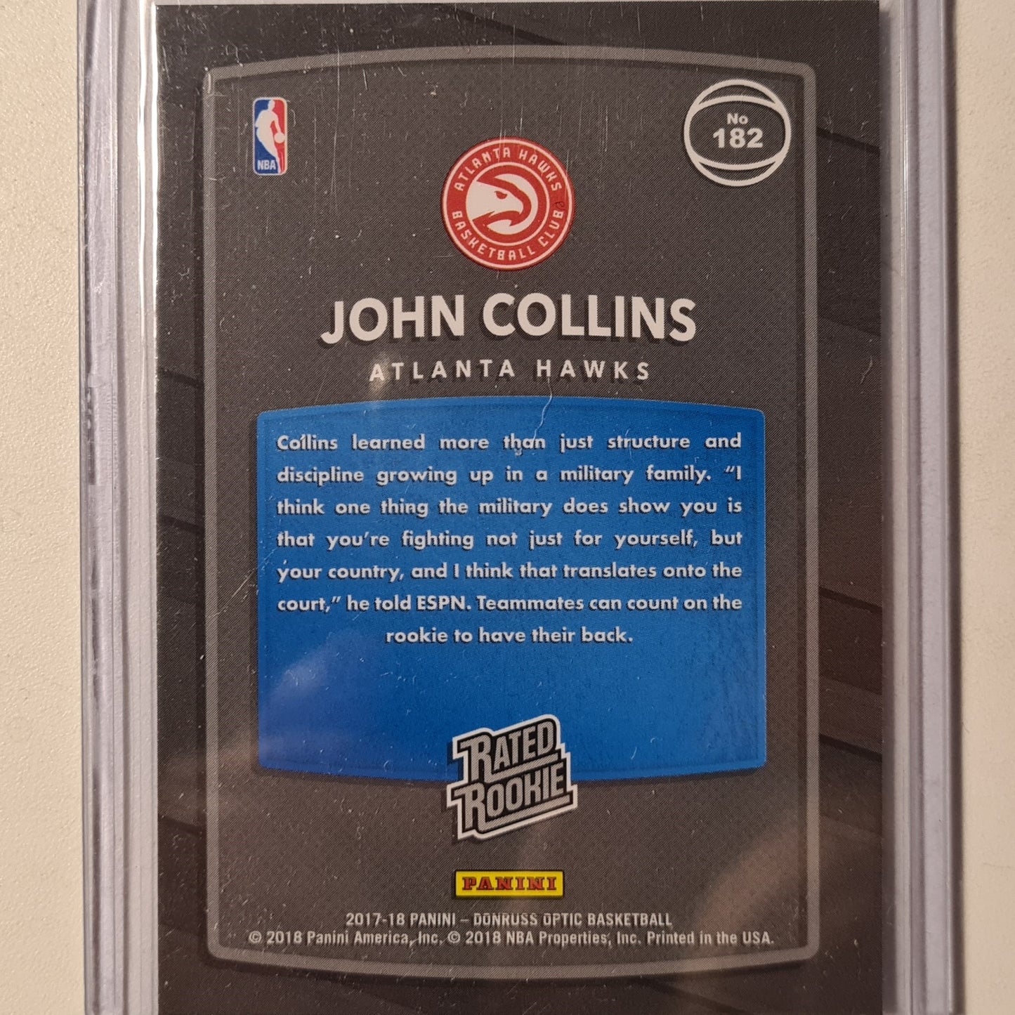 John Collins 2017-18 Panini Donruss Optic Rated Rookie RC #182 NBA Basketball Atlanta Hawks Excellent sleeved