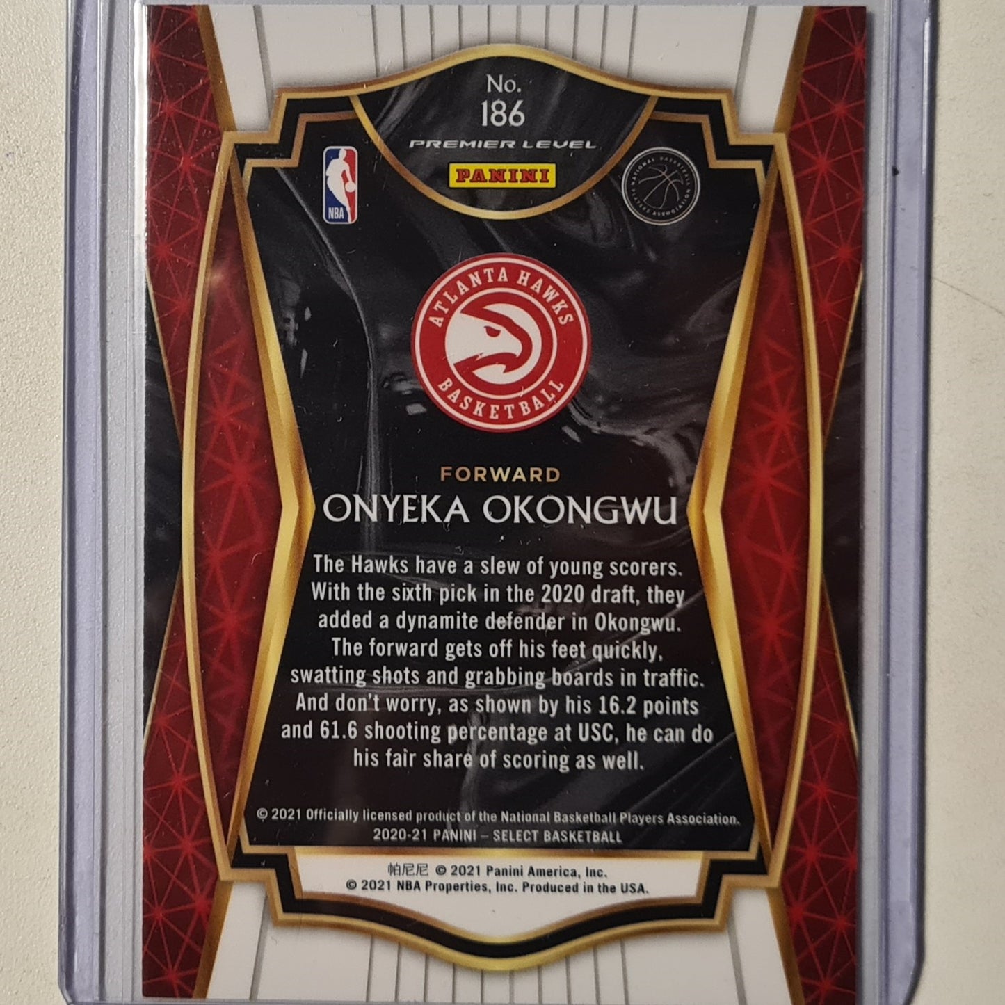 Onyeka Okongwu 2021 Panini Select premier level Rookie RC #186 NBA Basketball Atlanta Hawks Excellent sleeved