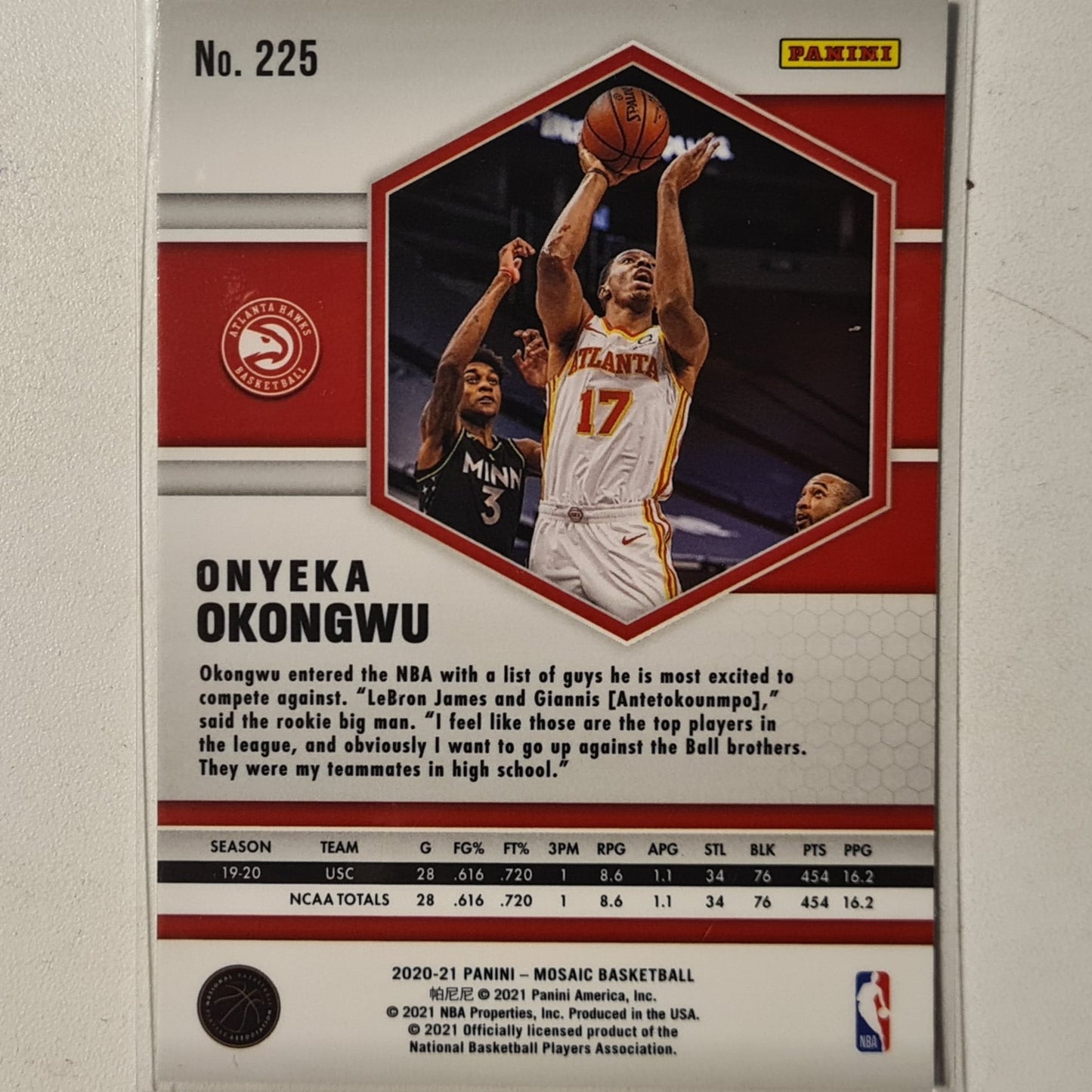 Onyeka Okongwu 2020-21 Panini Mosaic Rookie RC #225 NBA Basketball Atlanta Hawks Excellent sleeved