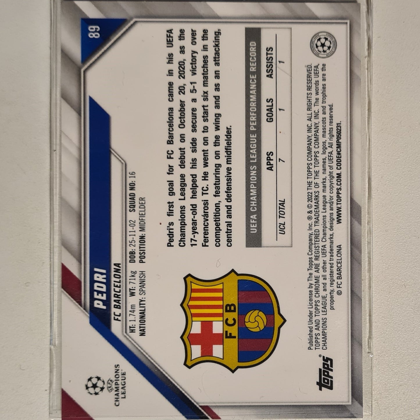 Pedri 2022 Topps Chrome Champions league all-star Rookie RC #89 NBA Basketball Barcelona Excellent sleeved