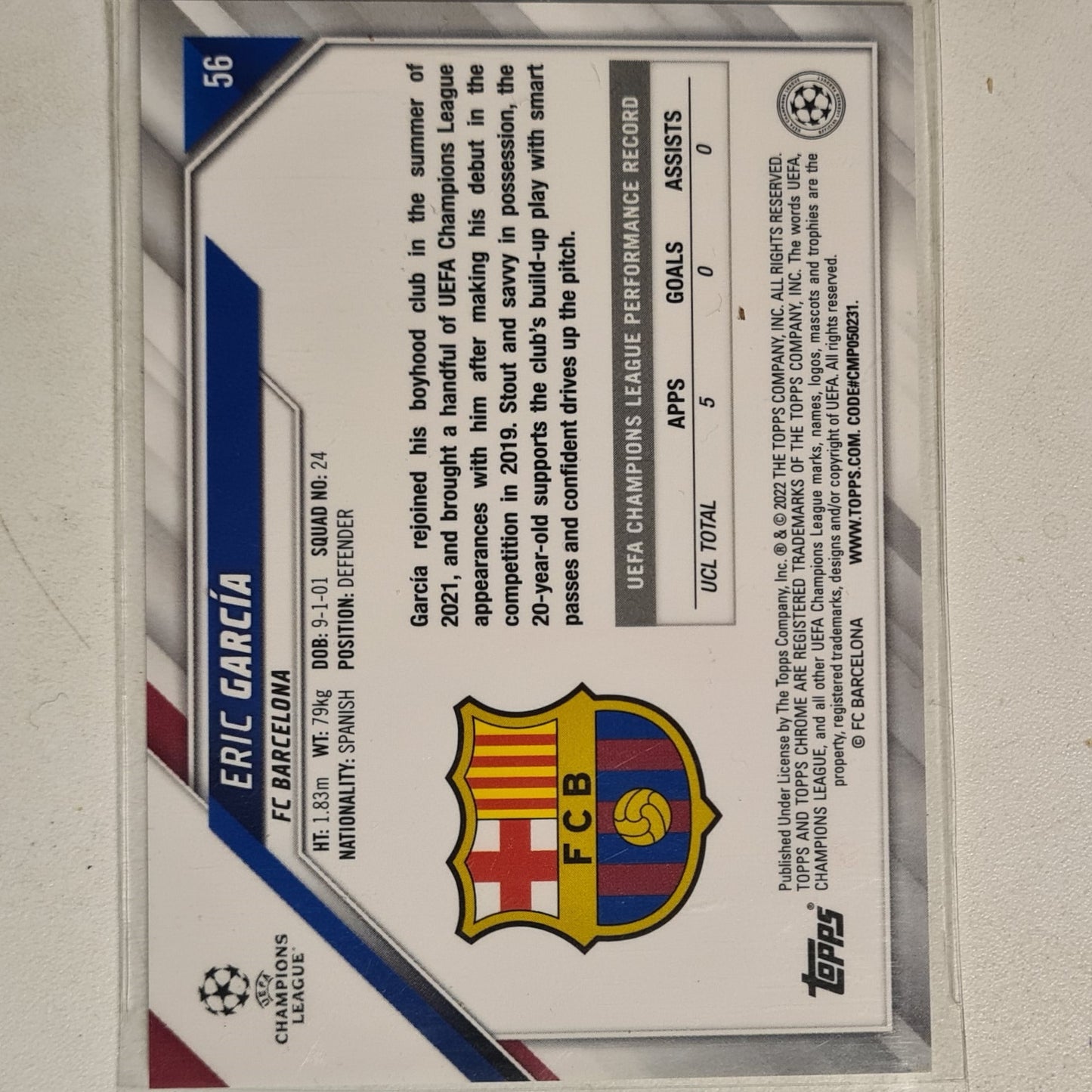 Eric Garcia 2022 Topps Chrome Champions league All Star Rookie RC #192 Soccer Football Barcelona Excellent sleeved