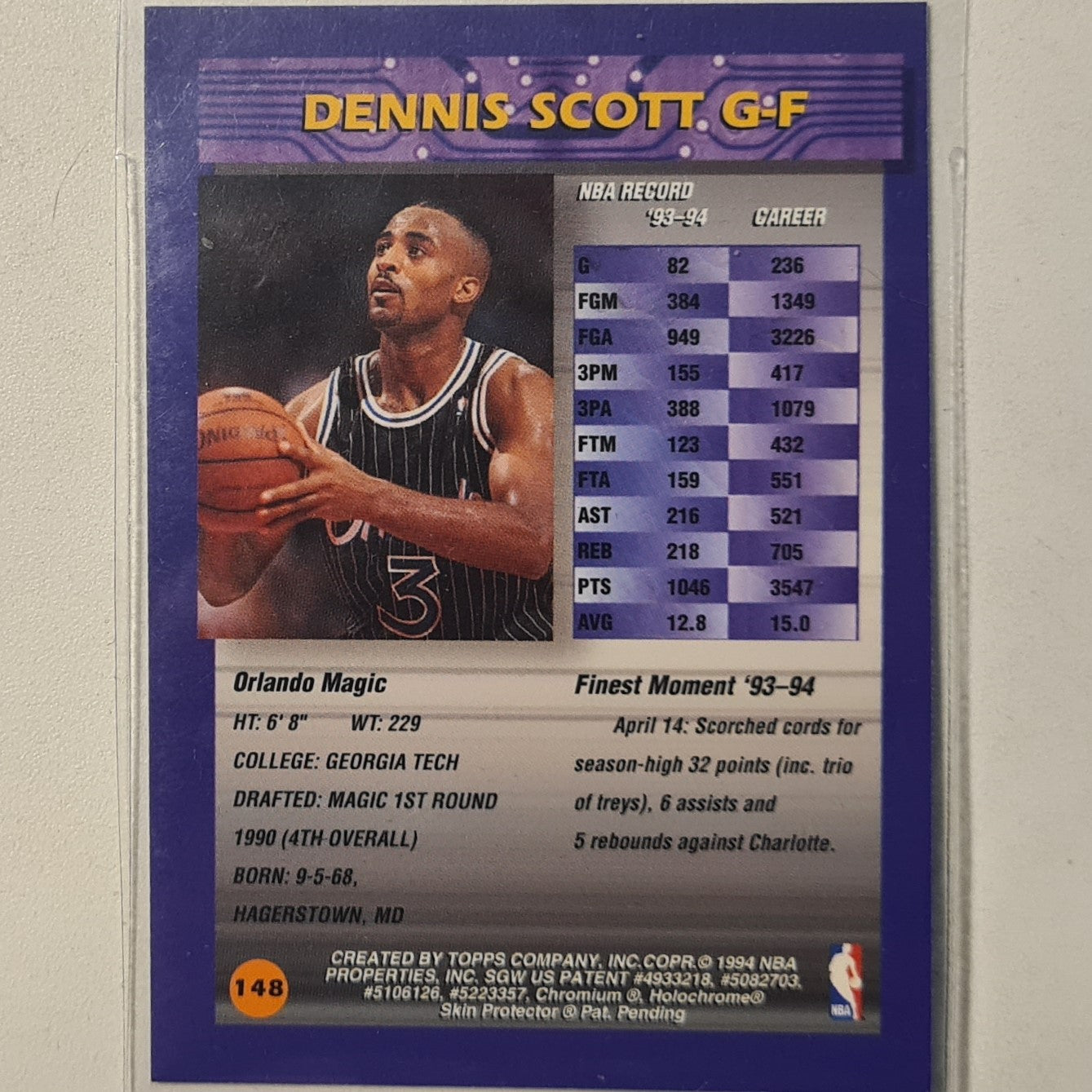 Dennis Scott 1994 Topps Finest 95-96 #148 NBA Basketball Orlando Magic Excellent/mint Sleeved