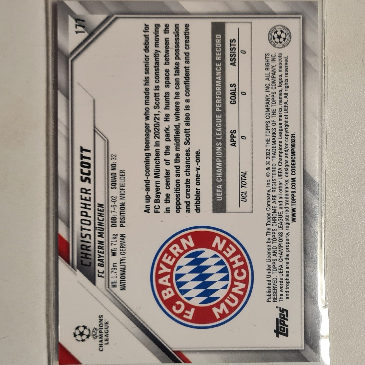 Christopher Scott 2022 Topps Chrome champions league Rookie RC #177 Soccer Football Bayern Munich excellent sleeved