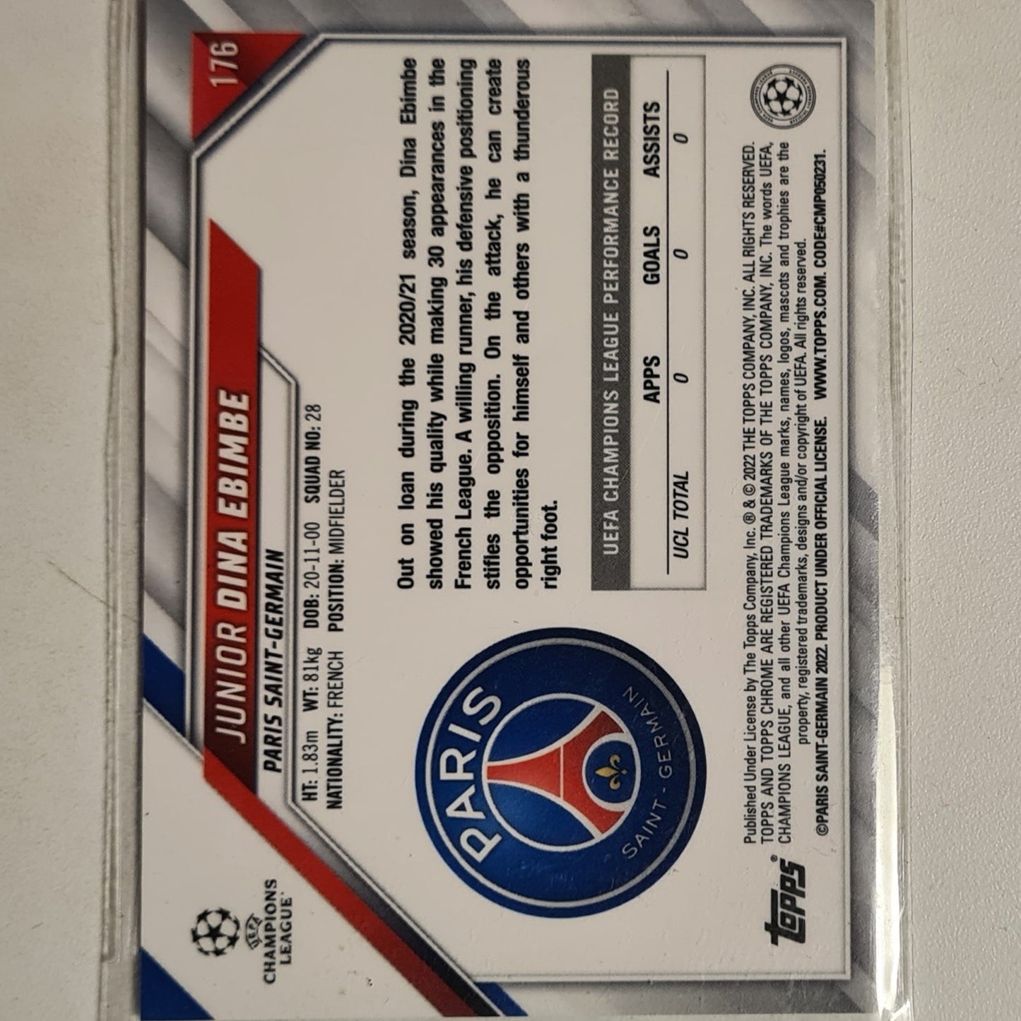 Junior Dina Ebimbe 2022 Topps Chrome champions league Rookie RC #176 Soccer Football Paris Saint-Germain excellent sleeved