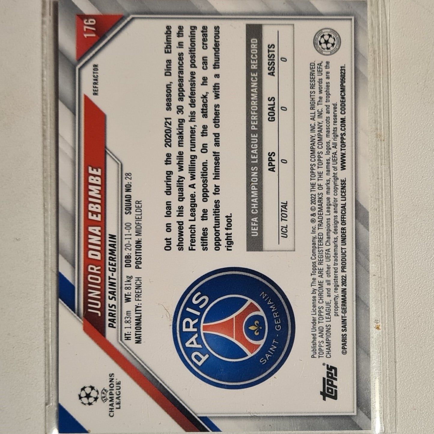 Junior Dina Ebimbe 2022 Topps Chrome champions league Rookie RC refractor #176 Soccer Football Paris Saint-Germain excellent sleeved