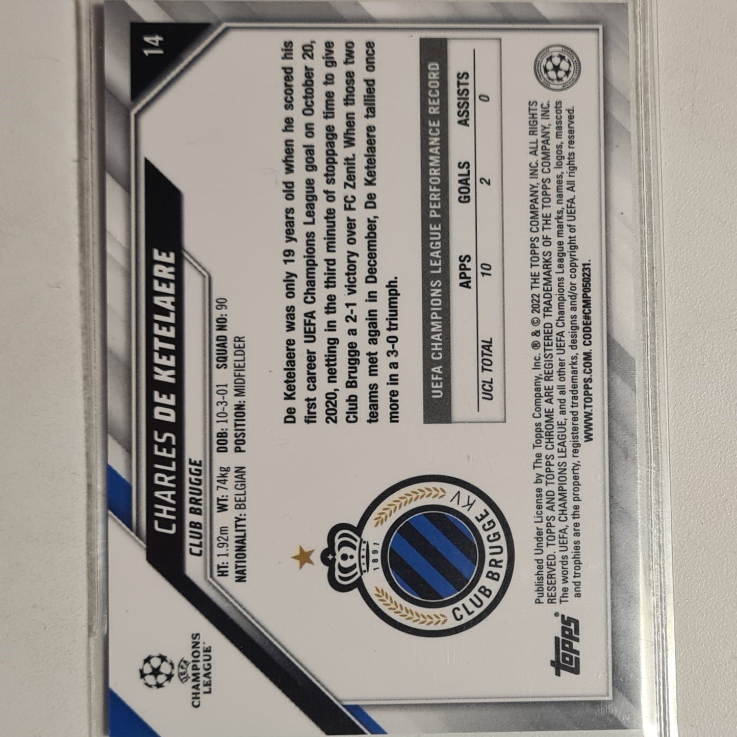 Charles De Ketelaere 2022 Topps Chrome champions league All star Rookie RC #14 Soccer Football Club Brugge excellent sleeved