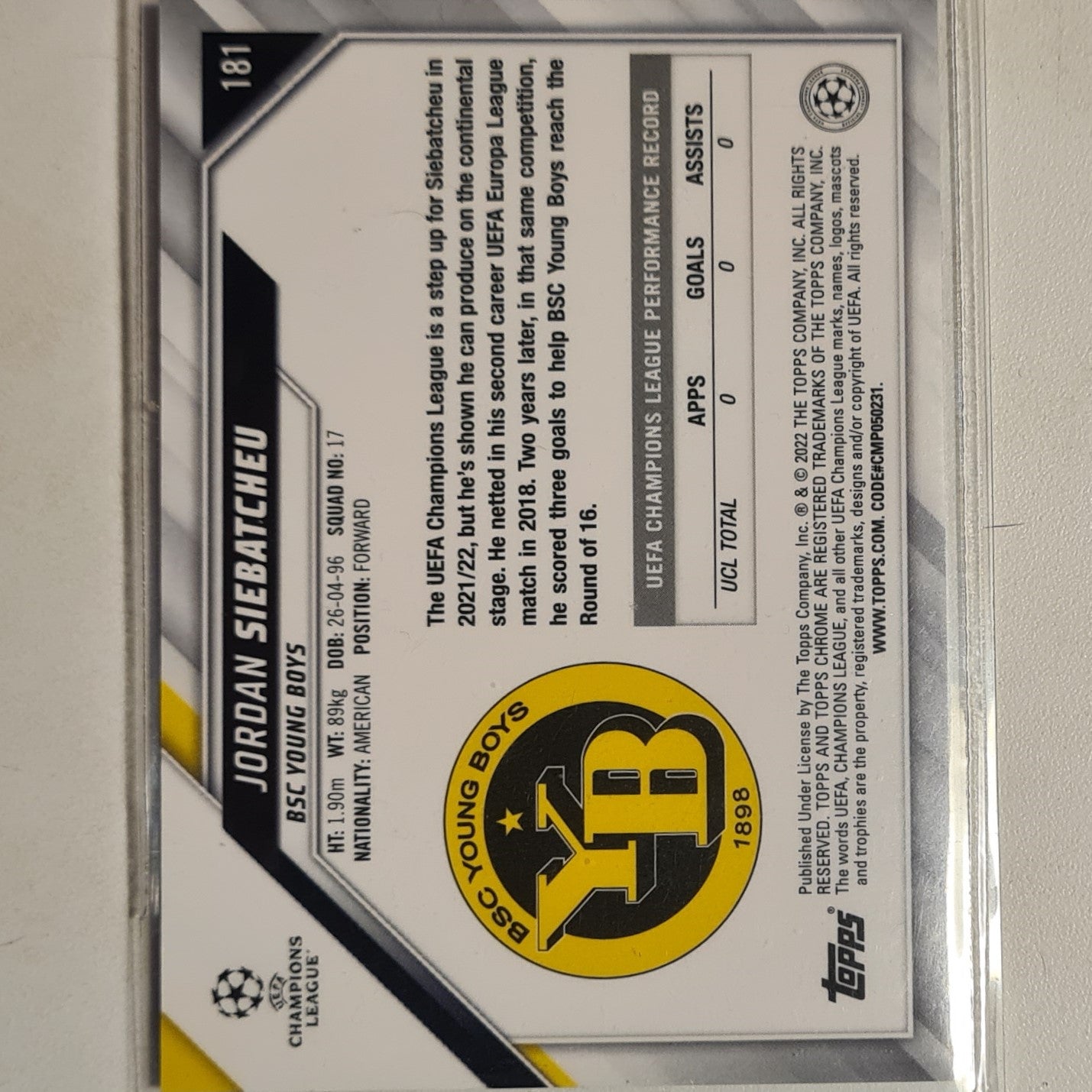 Jordan Siebatcheu 2022 Topps Chrome champions league All star Rookie RC #181 Soccer Football Young Boys excellent sleeved