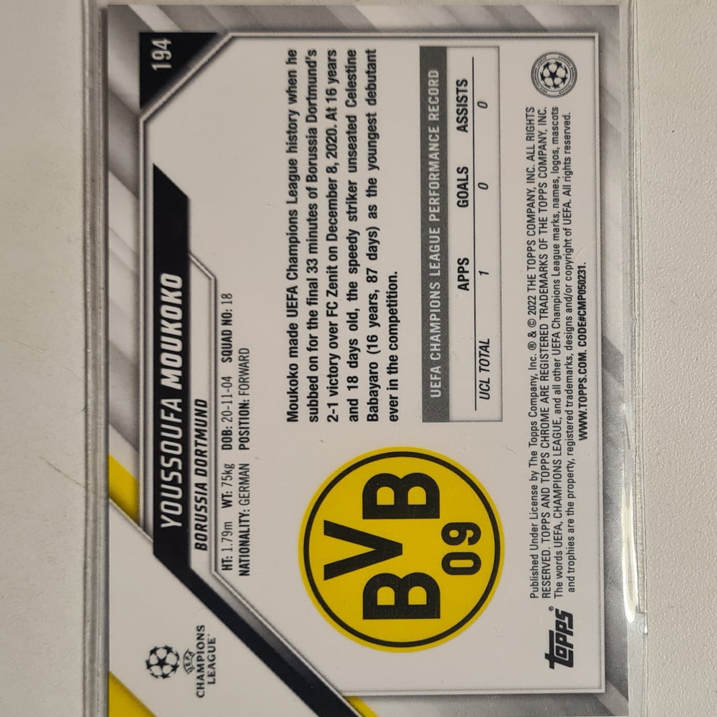 Youssoufa Moukoko 2022 Topps Chrome champions league all star Rookie RC #194 Soccer Football Borussia Dortmund excellent sleeved