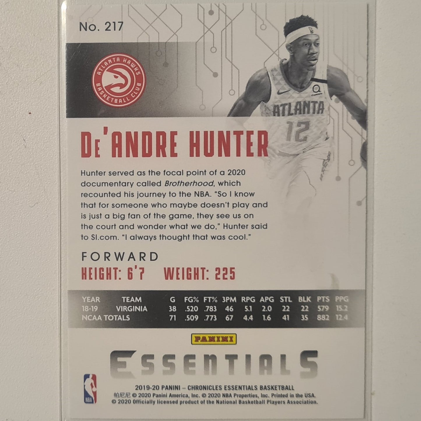 De'Andre Hunter 2019-20-22 Panini Essentials Rookie RC #217 NBA Basketball Excellent sleeved