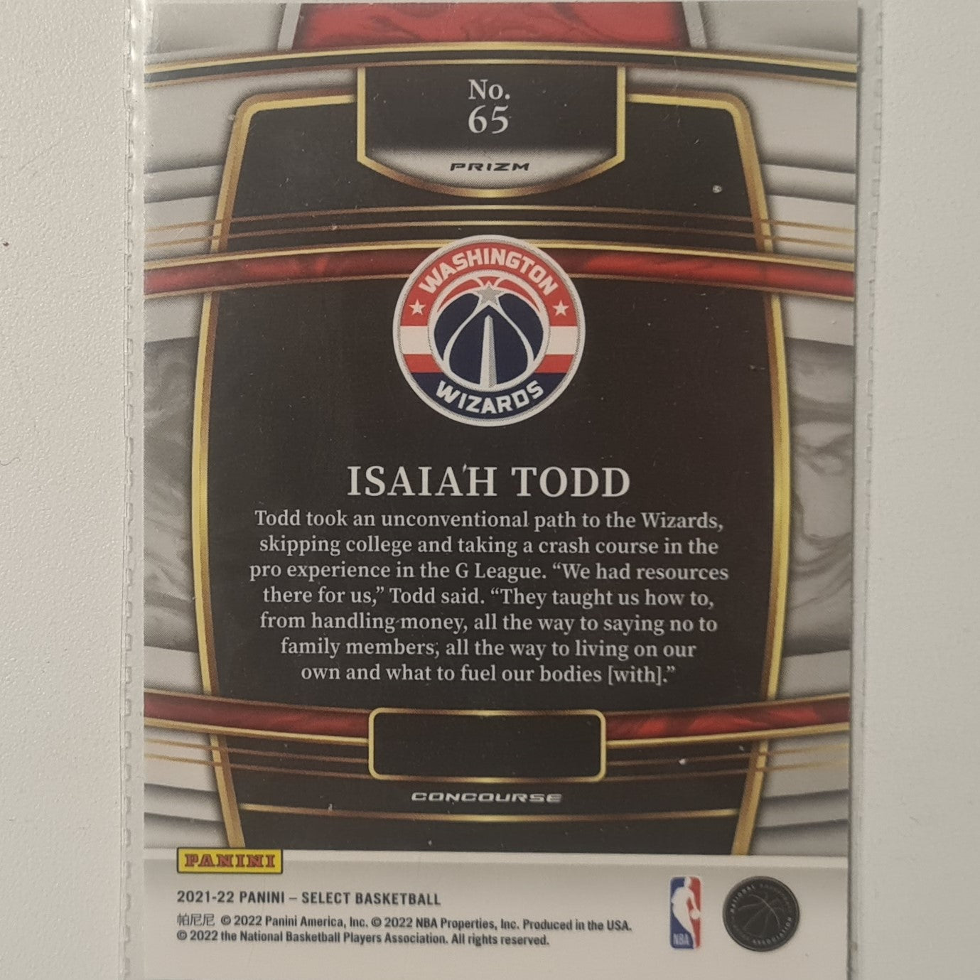 Isaiah Todd 2021-22 Panini Select Rookie RC prizm refractor #65 NBA Basketball Washington Wizards Excellent sleeved