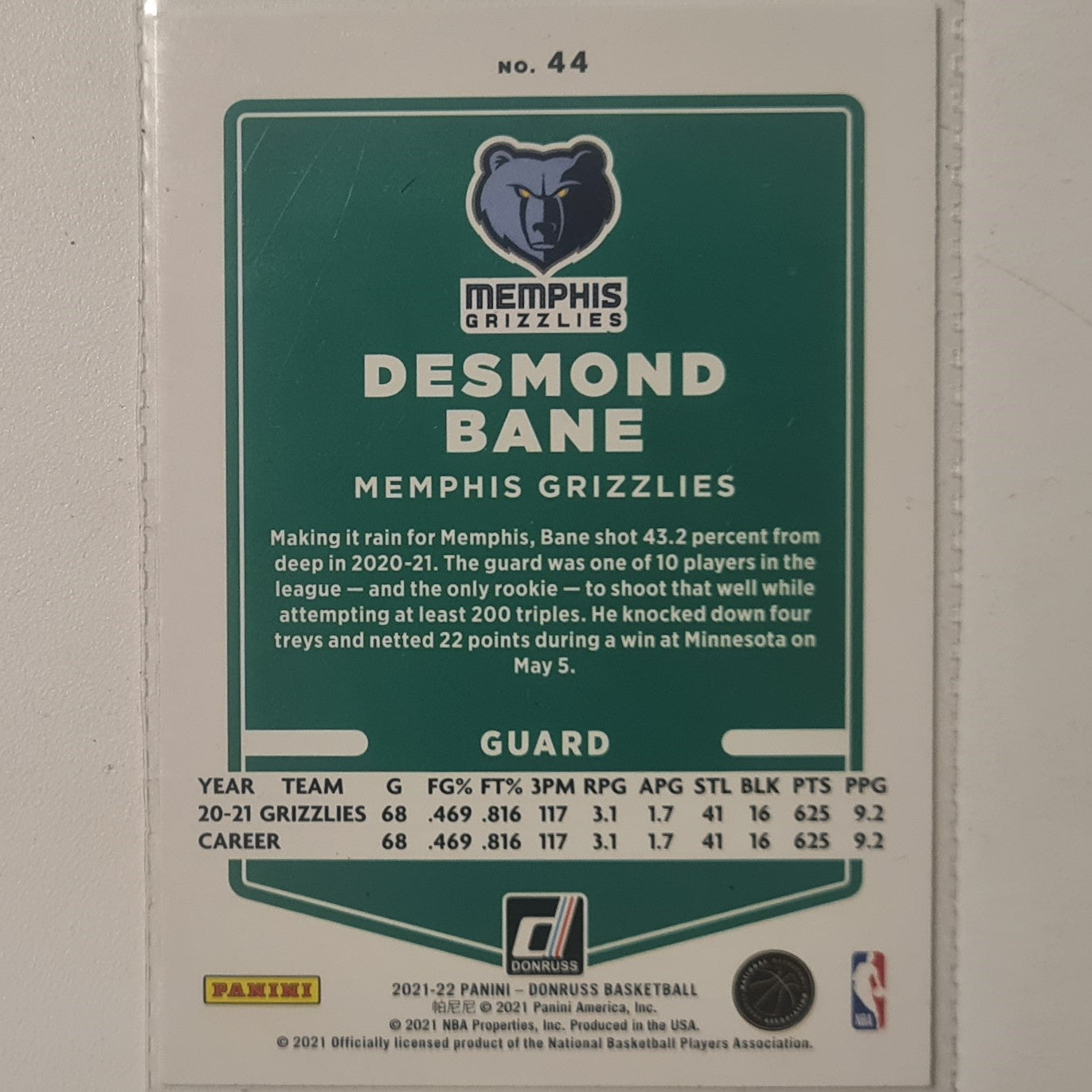 Desmond Bane 2021-22 Panini Donruss #44 NBA Basketball Memphis Grizzlies Excellent sleeved