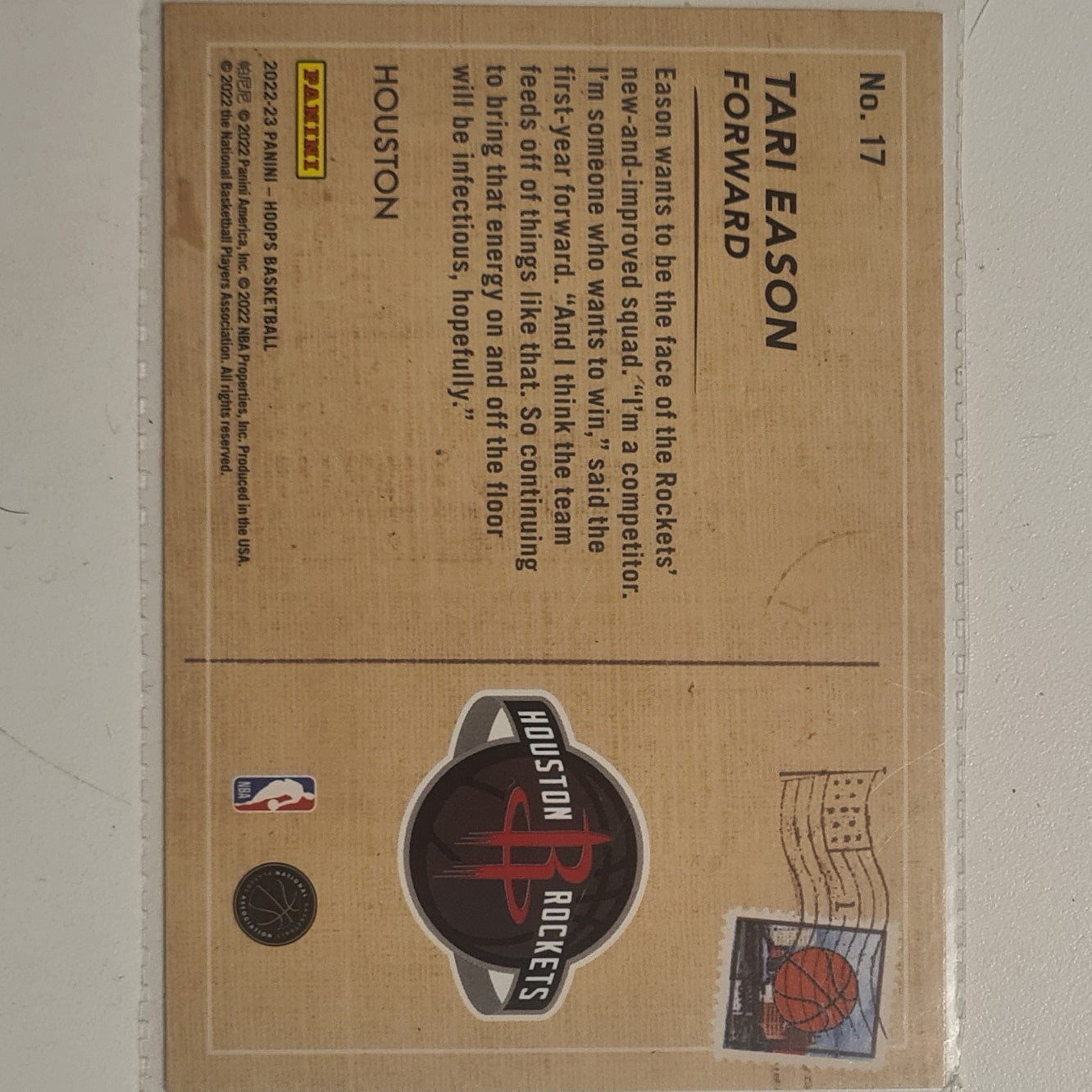 Tari Eason 2022-23 Panini Hoops Rookie Greetings RC #17 NBA Basketball Houston Rockets Excellent sleeved