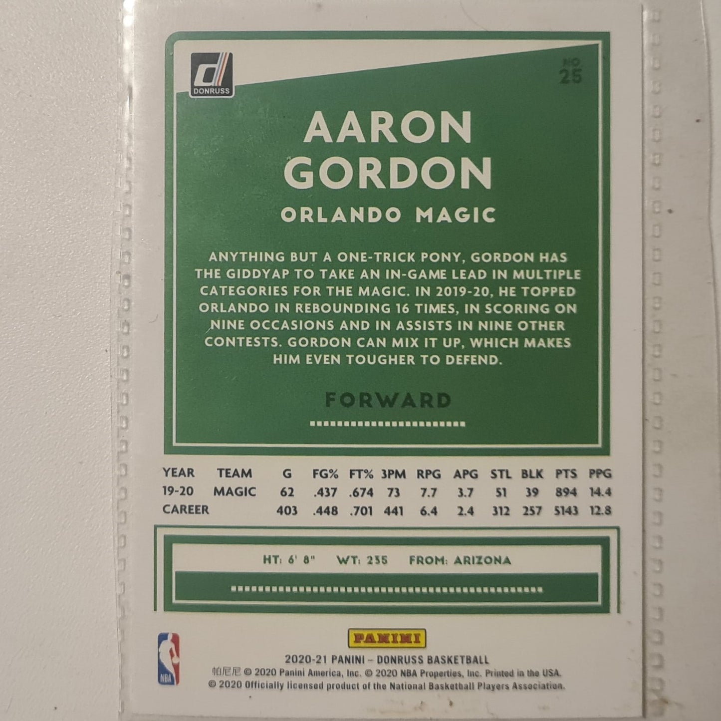 Aaron Gordon 2020-21 Panini Donruss #25 NBA Basketball Orlando Magic Excellent sleeved