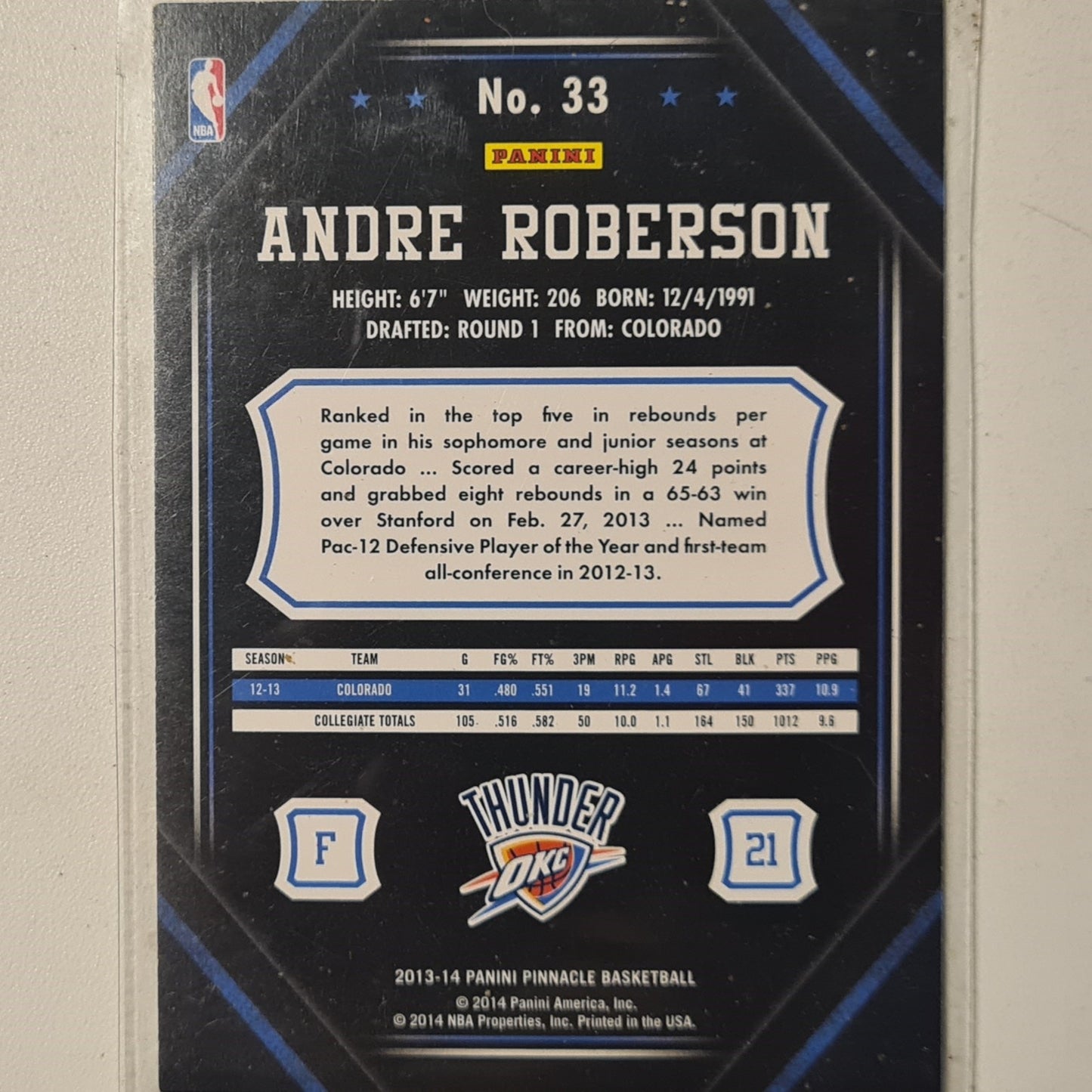 Andre Roberson 2013-14 Panini Pinnacle Rookie RC #33 NBA Basketball Oklahoma city thunder very good sleeved