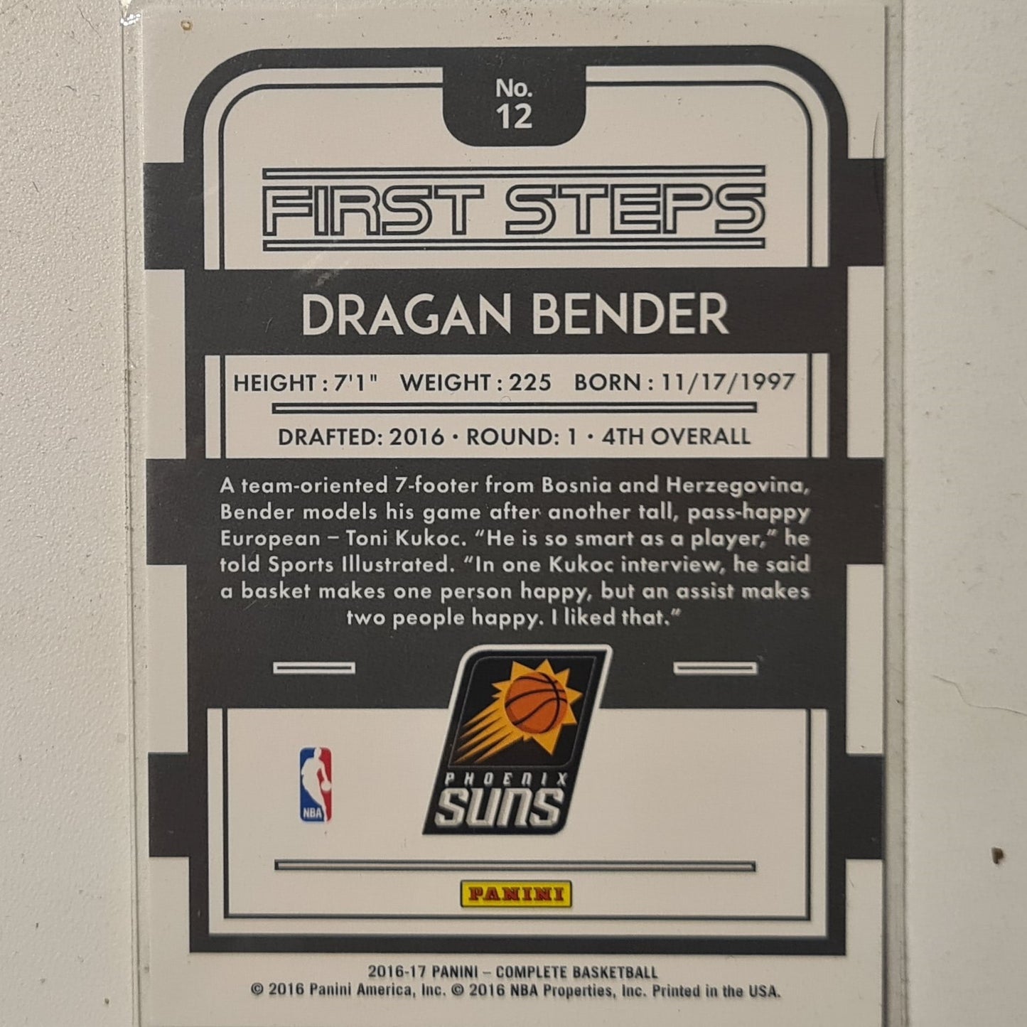 Dragan Bender 2016-17 Panini Complete First Steps Rookie #12 NBA Basketball Phoenix Suns very good/excellent sleeved