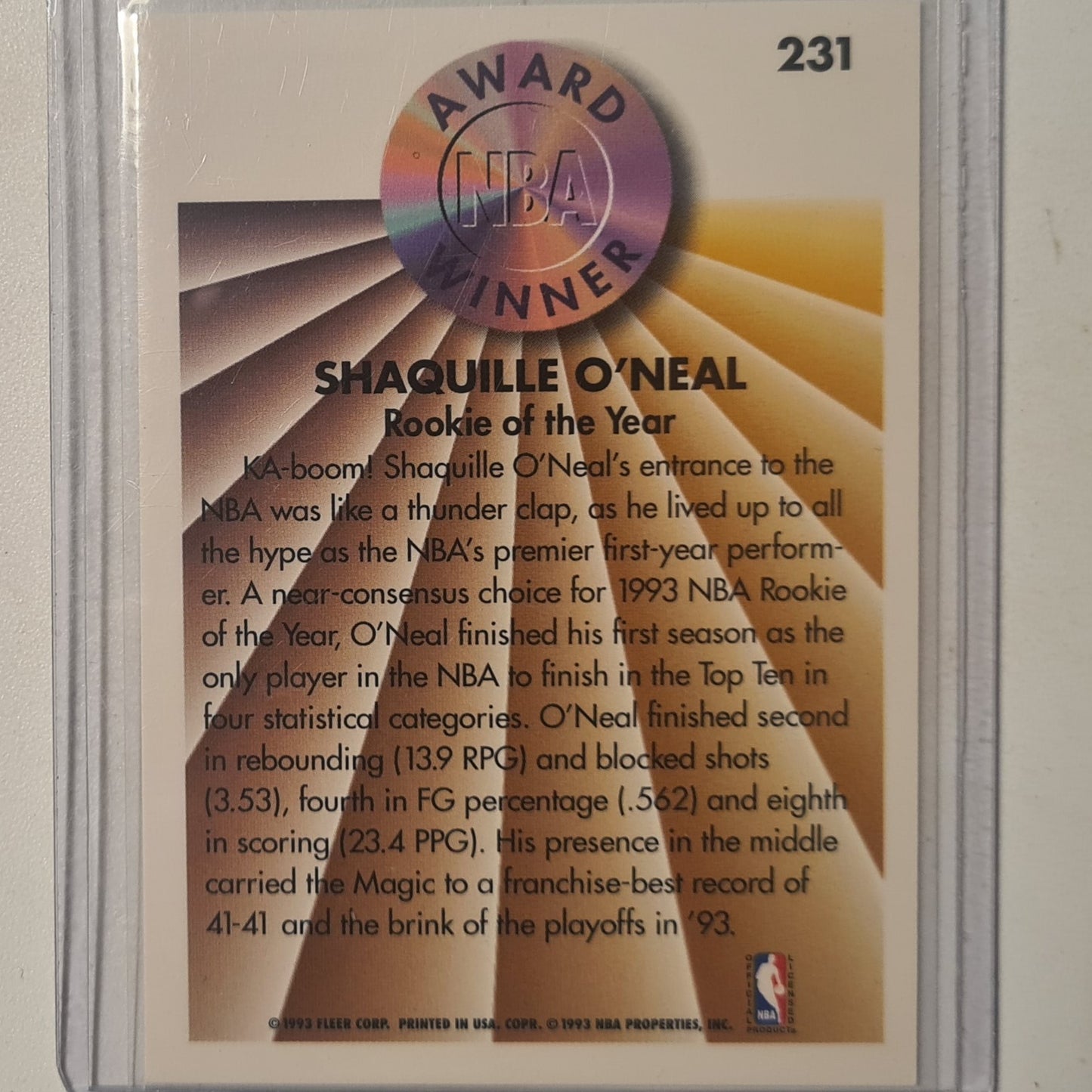 Shaquille O'Neal 1993 Fleer 93-94 rookie of the year Rookie RC #231 NBA Basketball Orlando Magic excellent Sleeved