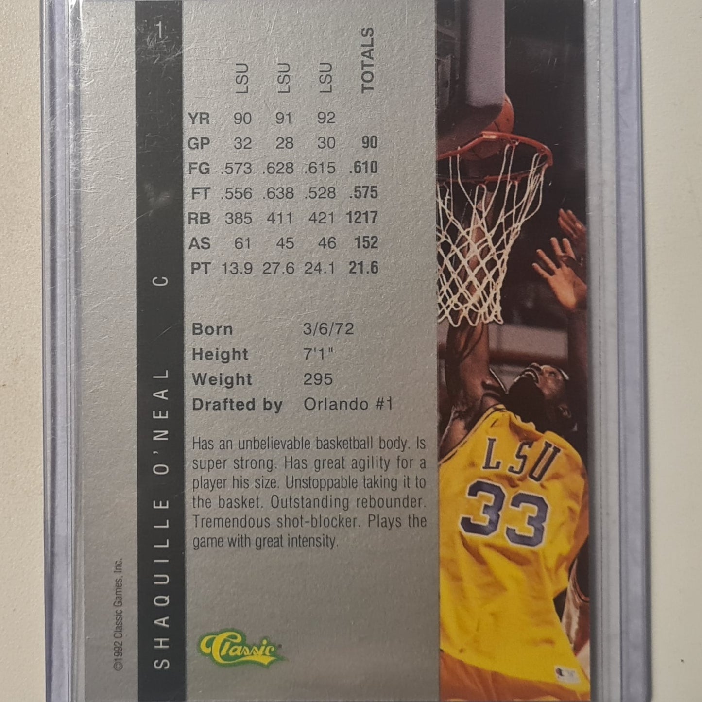 Shaquille O'Neal 1992 Classic four sport draft pick rookie RC #1 NBA Basketball LSU Orlando Magic Excellent sleeved