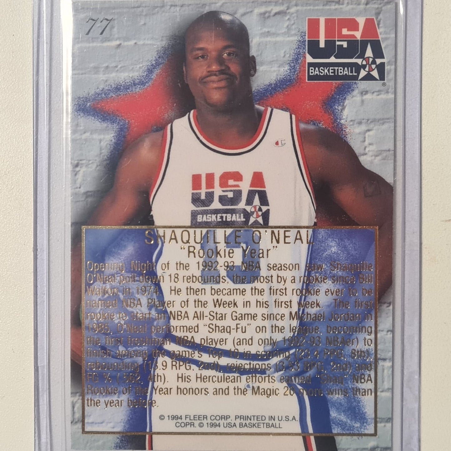 Shaquille O'Neal 1994 Fleer Flair USA basketball Rookie year #77 NBA Basketball Orlando Magic Excellent Sleeved