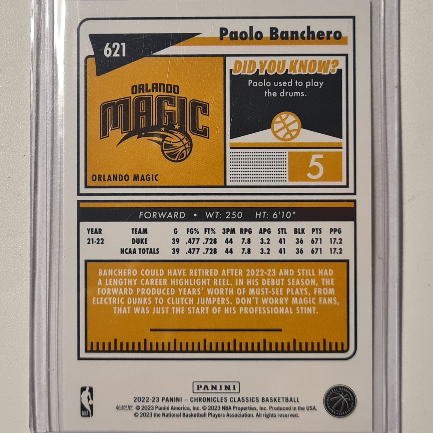 Paolo Banchero 2022-23 Panini Chronicles Classics Rookie RC #621 NBA Basketball Orlando Magic Excellent Sleeved