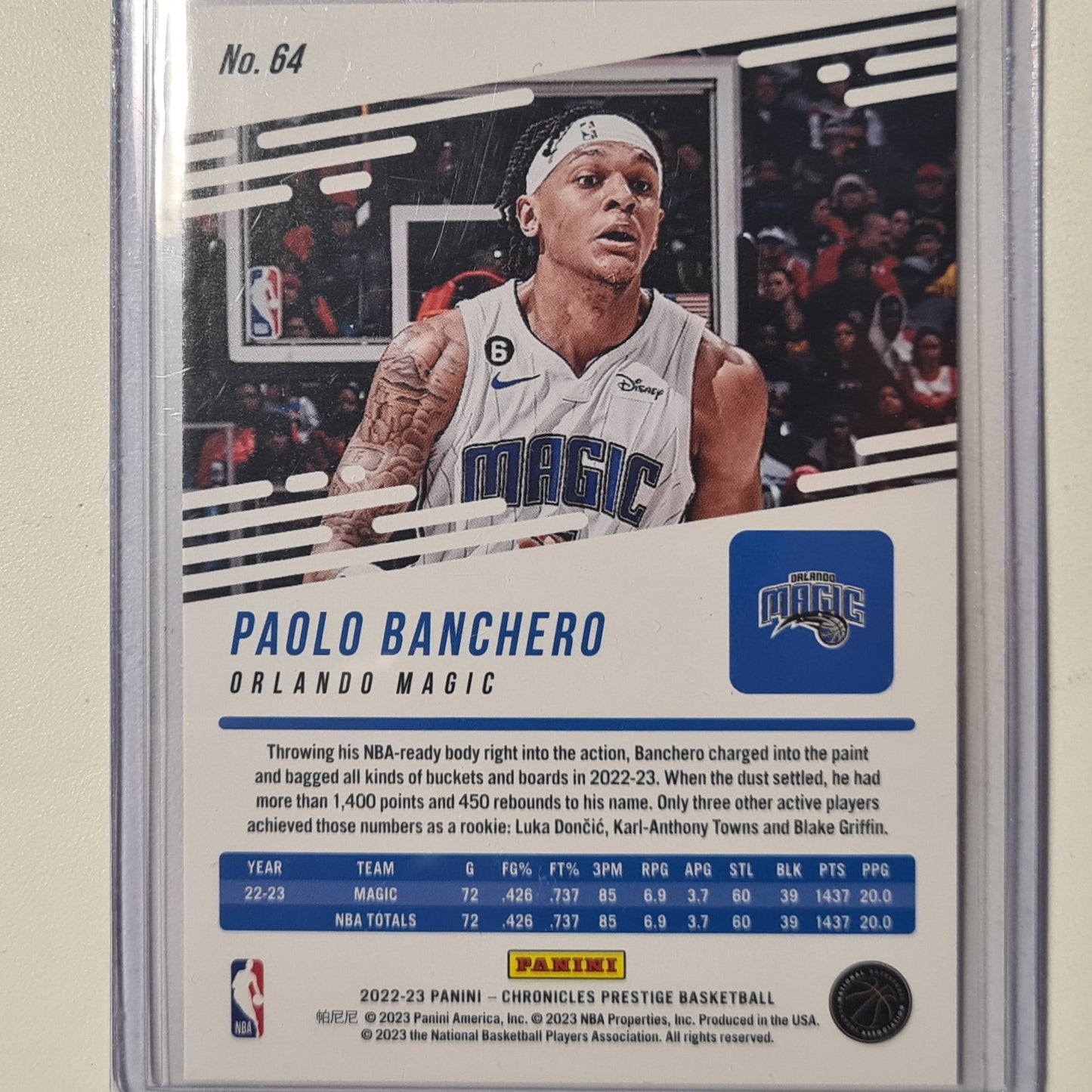 Paolo Banchero 2022-23 Panini Chronicles Prestige Rookie RC #64 NBA Basketball Orlando Magic Excellent Sleeved