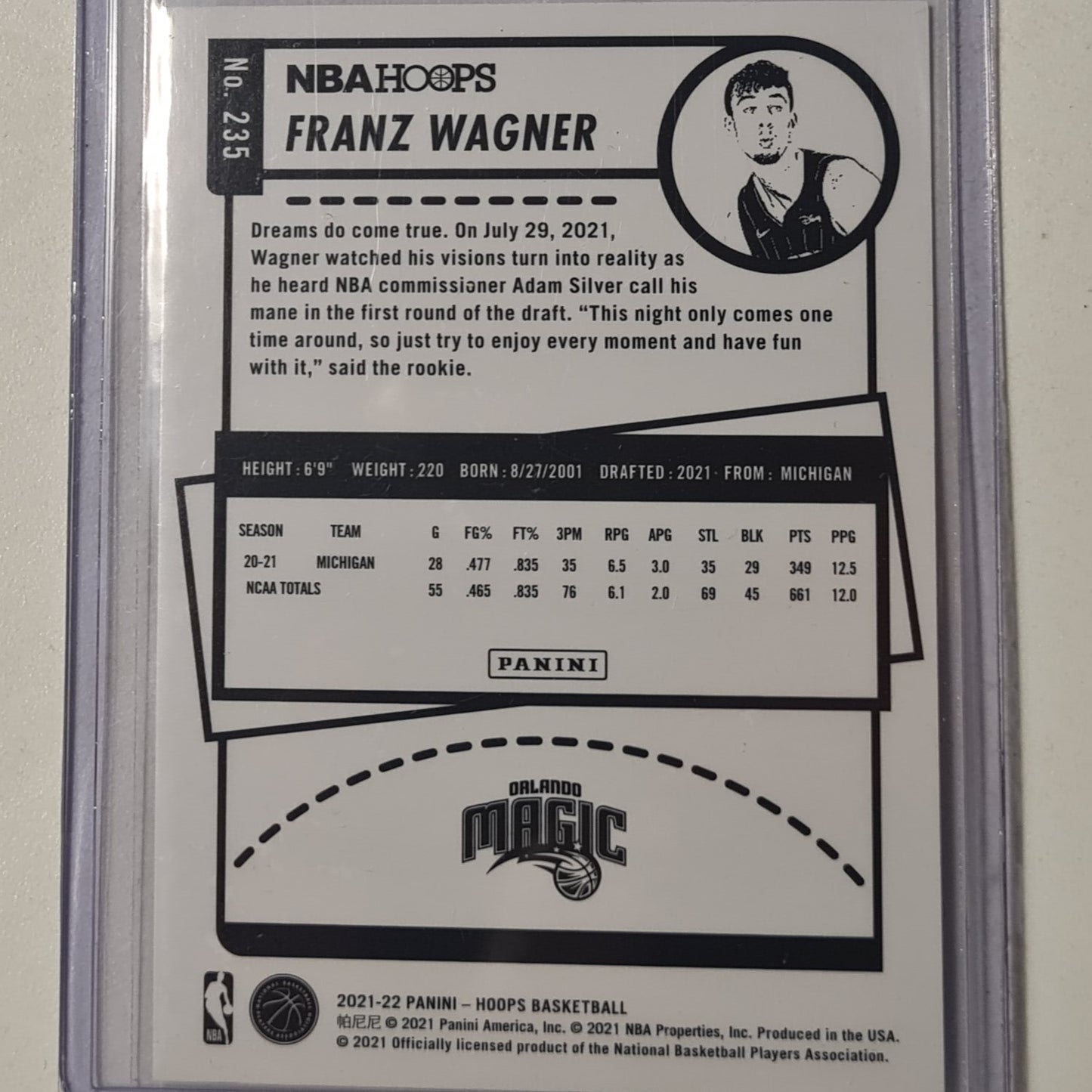 Franz Wagner 2021-22 Panini Winter Rookie RC #235 NBA Basketball Orlando Magic Excellent Sleeved