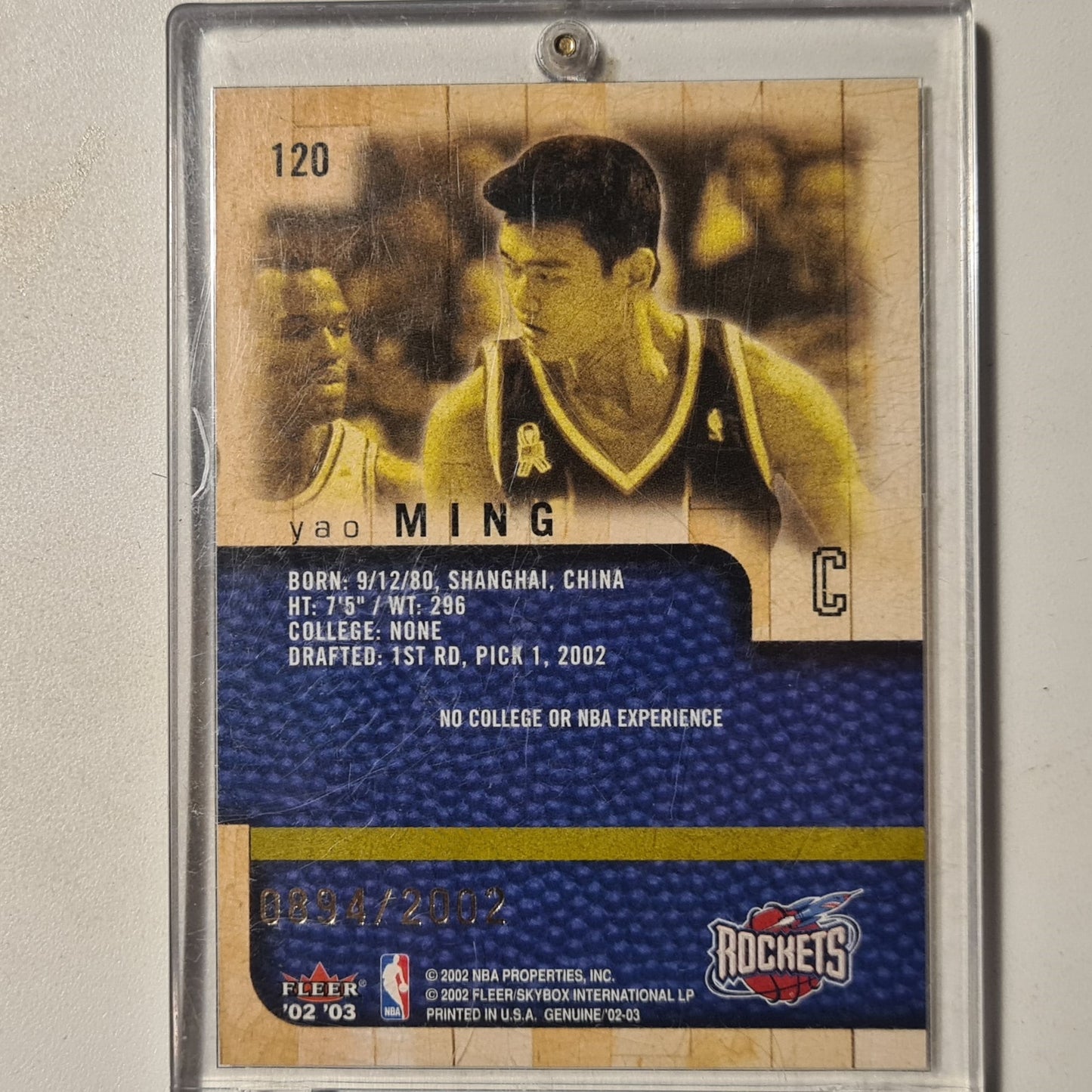 Yao Ming 2002 Fleer Genuine 02-03  Rookie RC 894/2002 #120  NBA Basketball Houston Rockets Excellent Sleeved