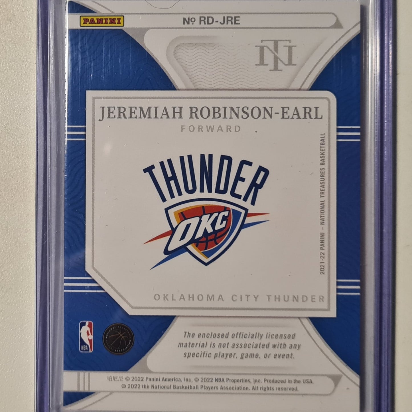 Jeremiah Robinson-Earl 2021-22 Panini National treasures patch 05/25 Rookie RC RD-JRE NBA Basketball Oklahoma City Thunder Excellent Sleeved