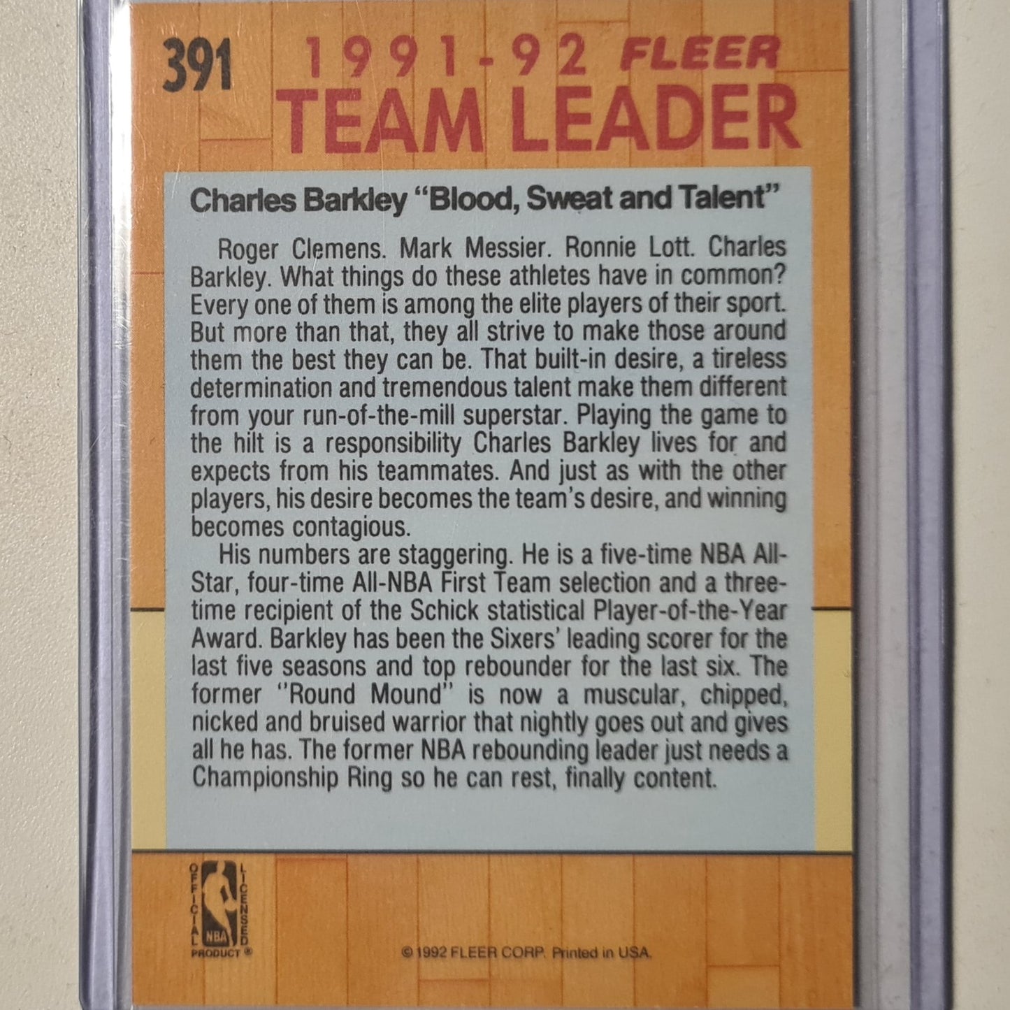 Charles Barkley 1992 Fleer 91-92 Team Leader #391 NBA Basketball Philadelphia 76ers Excellent Sleeved