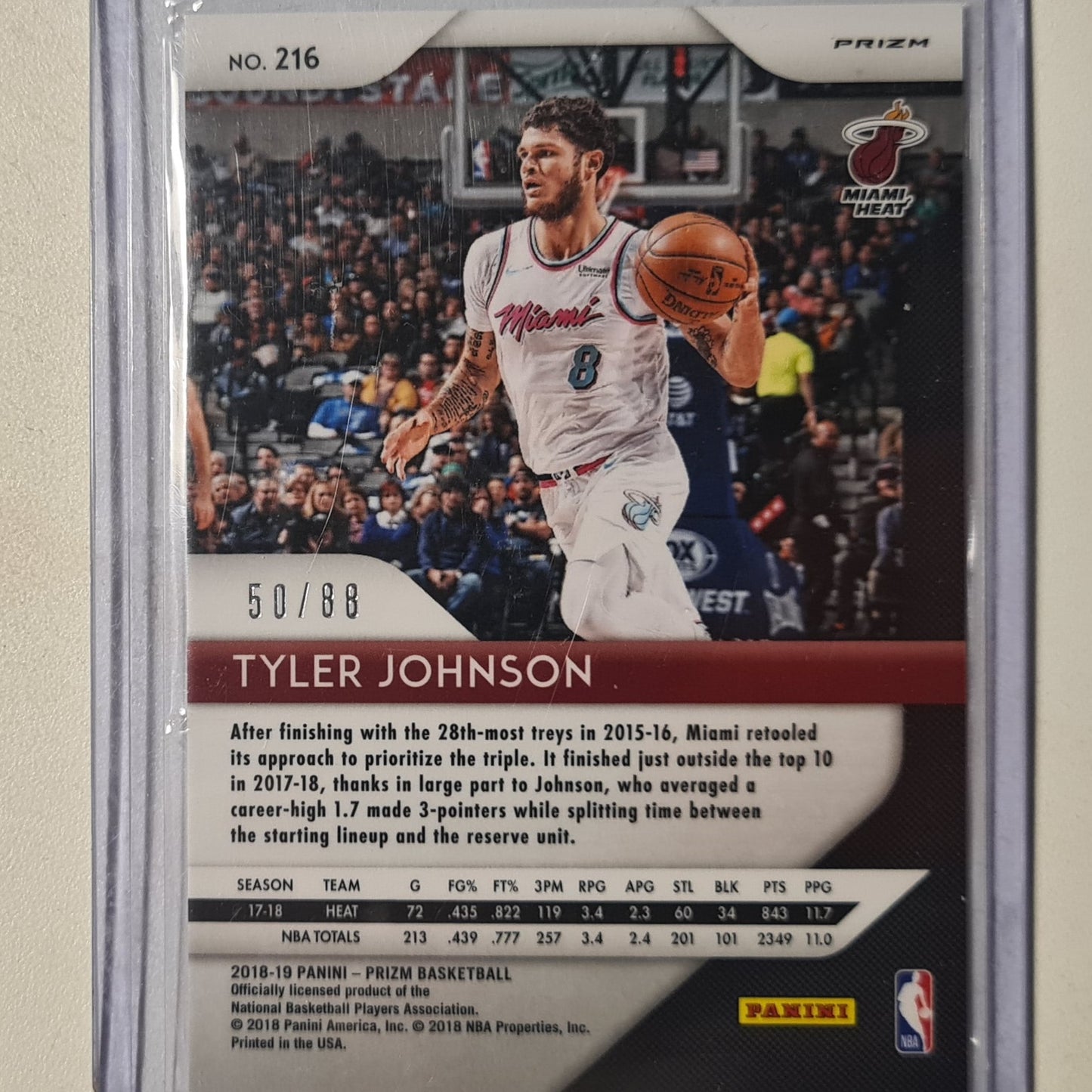 Tyler Johnson 2018-19 Panini Prizm numbered 50/88 #216 NBA Basketball Miami Heat Excellent Sleeved