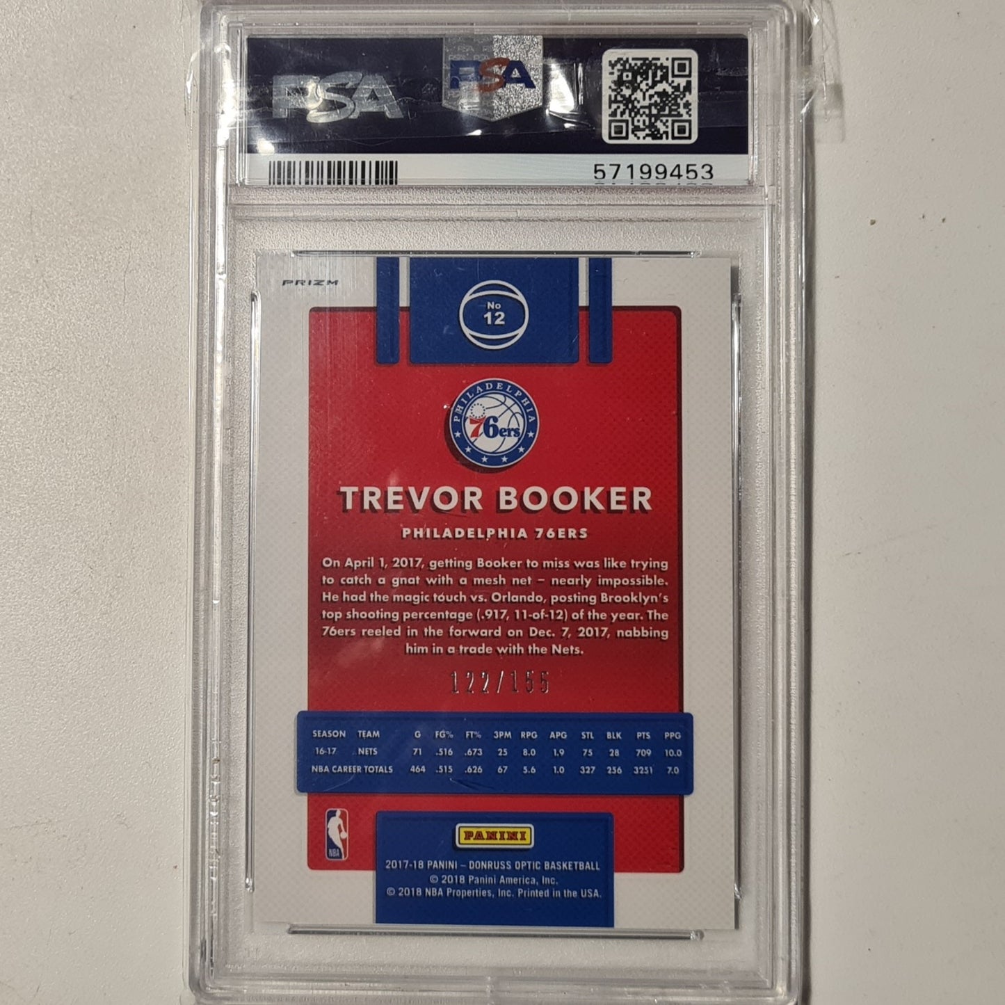 Trevor Booker 2017-18 Panini Donruss Opric purple fast break 122/155 #12 NBA Basketball Brooklyn Nets PSA GEM 10