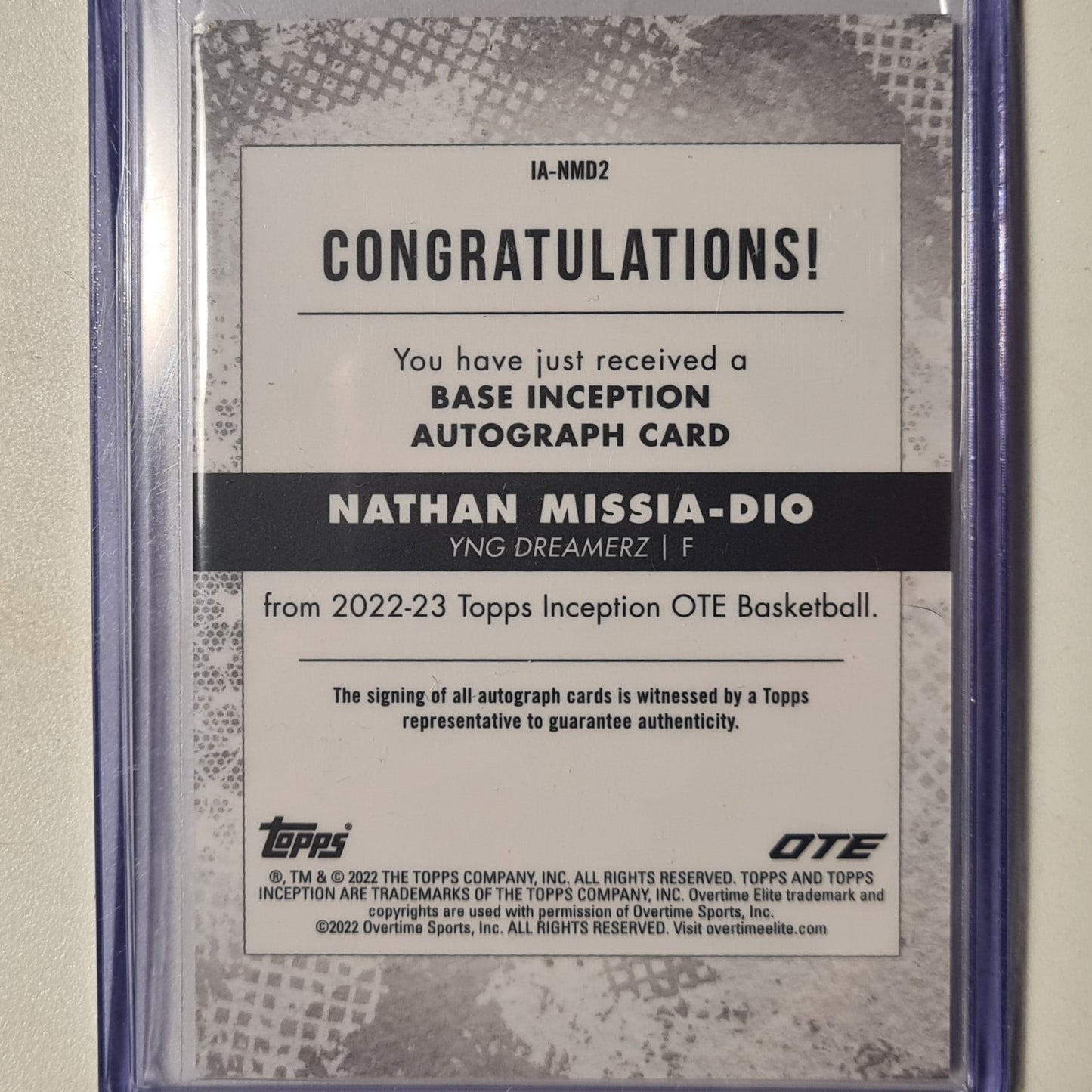 Nathan Missia-Dio 2022 Topps Inception 38/99 Auto RC IA-NMD2 NBA Basketball YNG Dreamerz excellent