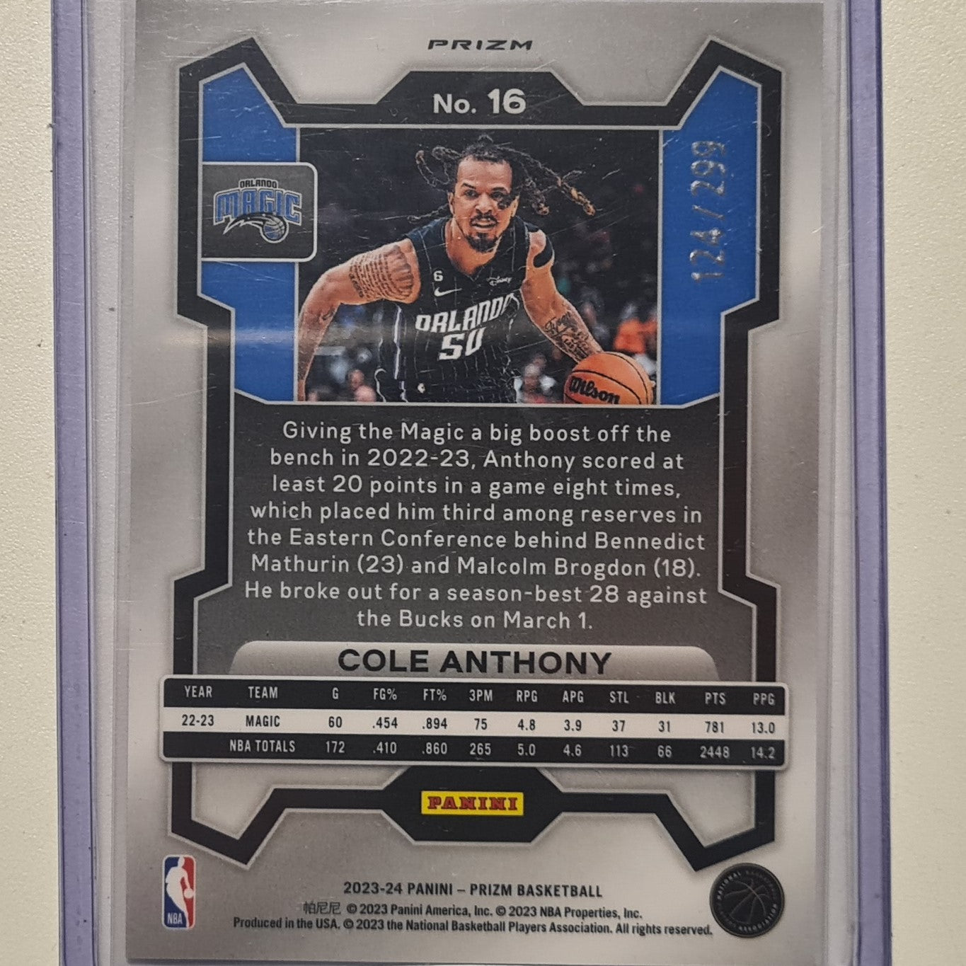 Cole Anthony 2023-24 Panini  prizm red numbered 124/299 #16 NBA Basketball Orlando Magic Excellent Sleeved