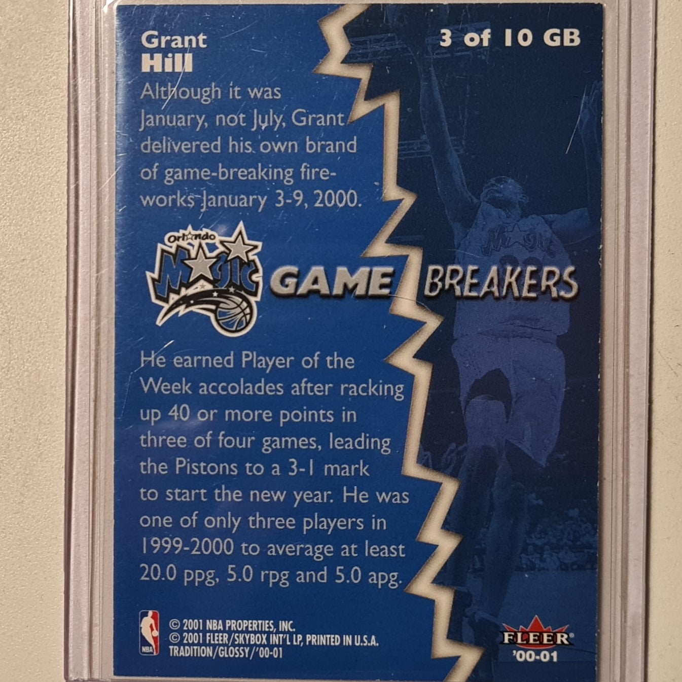 Grant Hill 2001 Fleer Tradition glossy game breakers 3 of 10 GB NBA Basketball Orlando Magic very good Sleeved