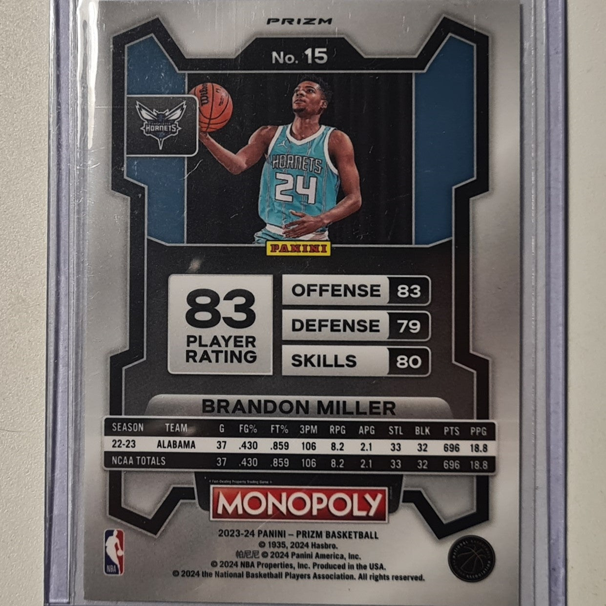 Brandon Miller 2023-24 Panini Prizm Monopoly refractor Rookie RC #15 NBA Basketball Charlotte Hornets Excellent