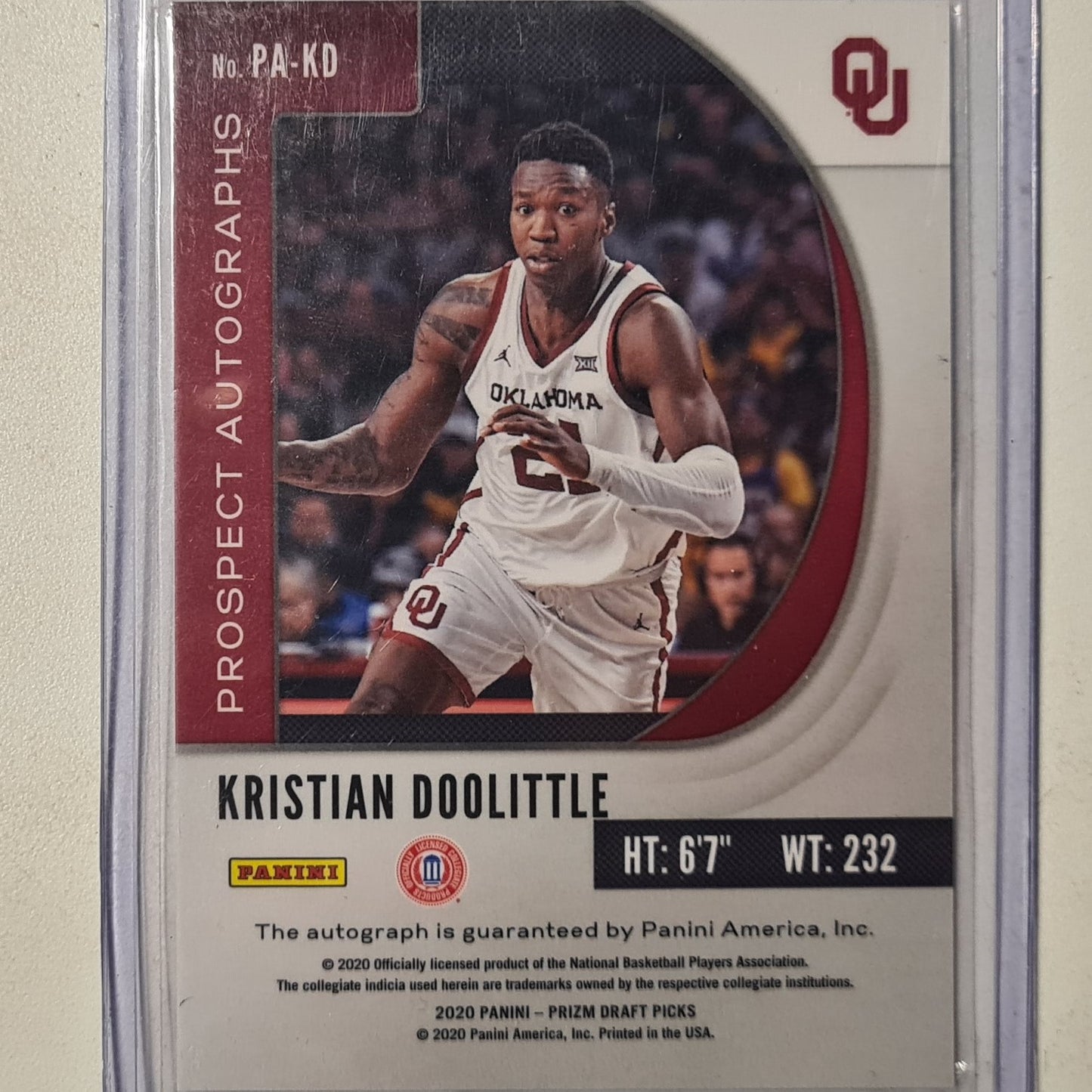 Kristian Doolittle 2020 Panini Prizm DRAFT PICKS prospect Rookie RC Auto PA-KD NBA Basketball Oklahoma Excellent