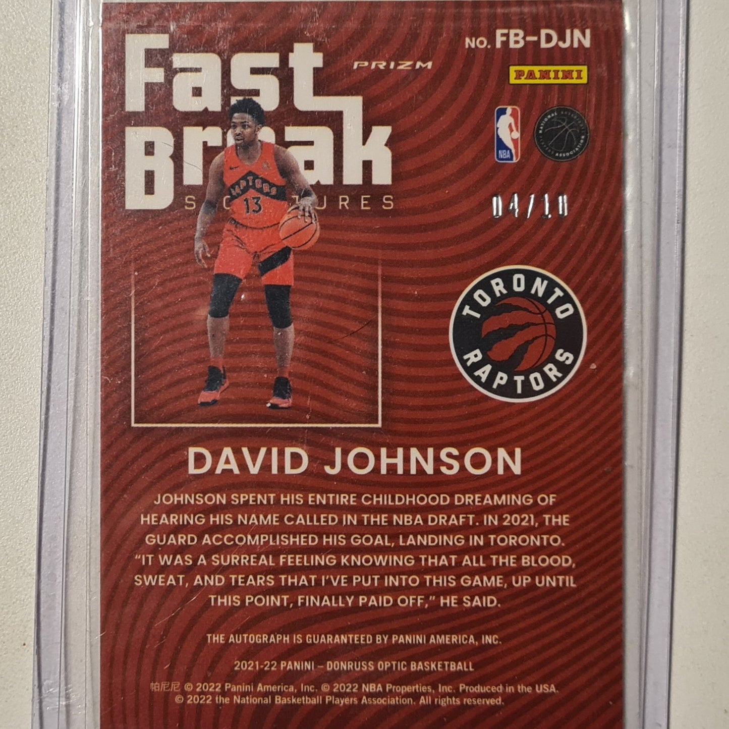 David Johnson 2021-22 Panini Donruss fast break RC Auto numbered 4/10 FB-DJN NBA Basketball Toronto Raptors Excellent