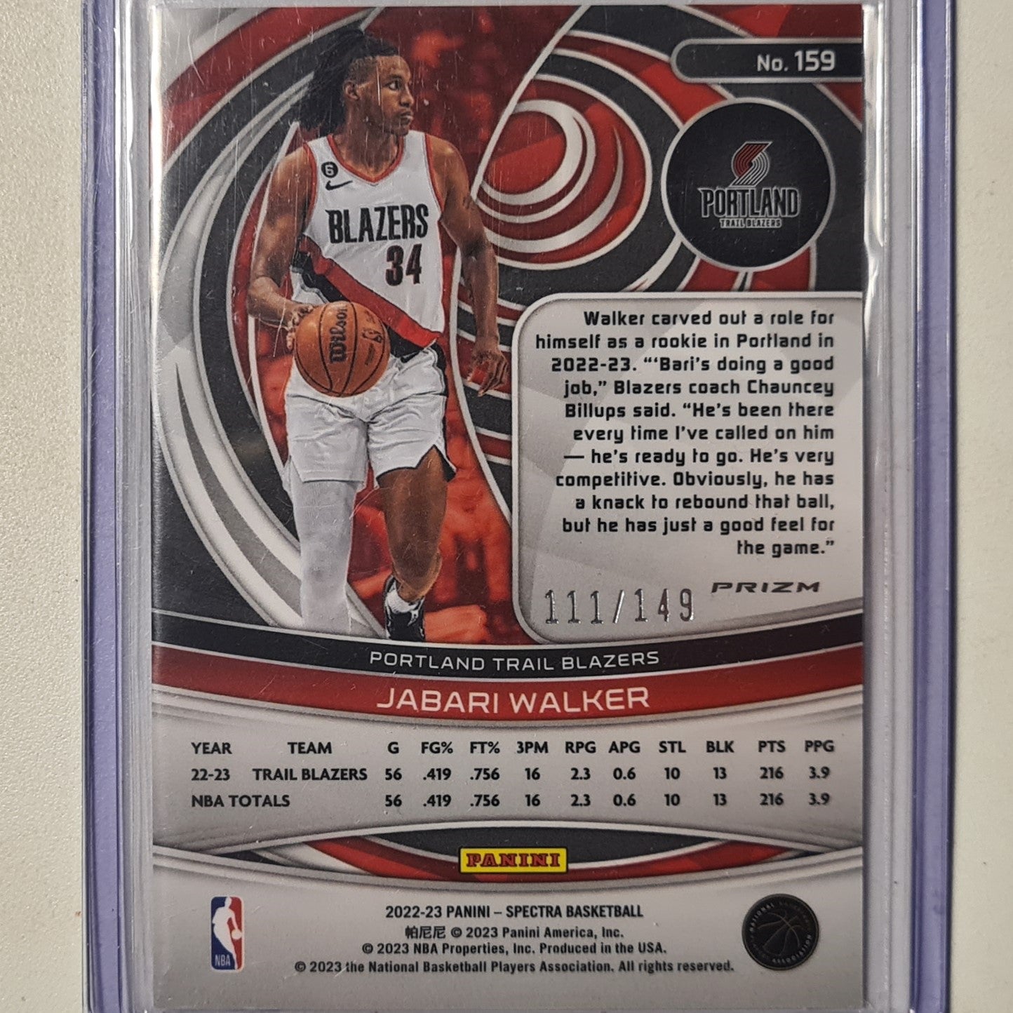 Jabari Walker 2022-23 Panini Spectra Rookie RC Prizm numbered 111/149 NBA Basketball Portland Trail Blazers Excellent