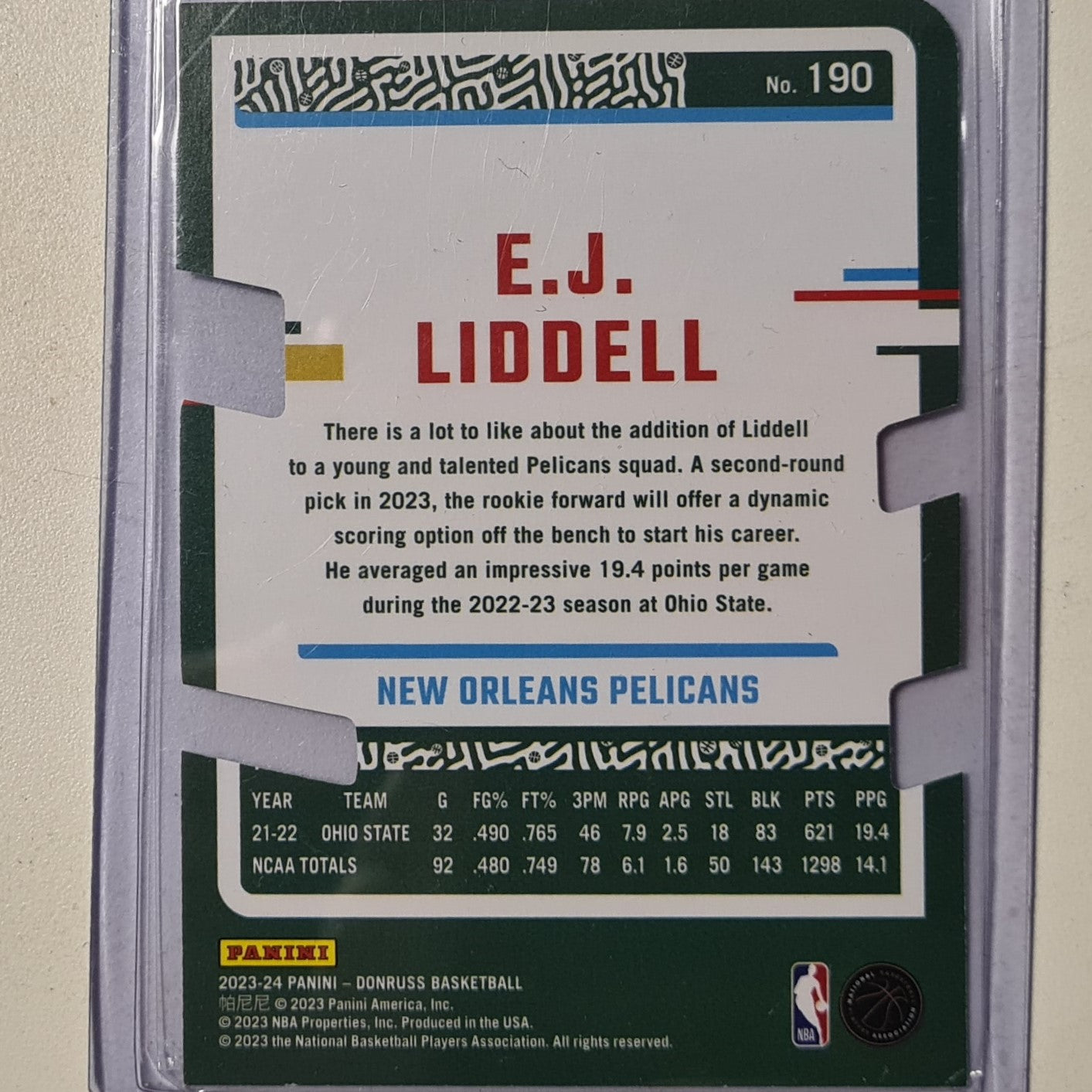 EJ Liddell 2023-24 Panini Donruss press proof die-cut refractor 52/75 #190 NBA Basketball New Orleans Pelicans Excellent